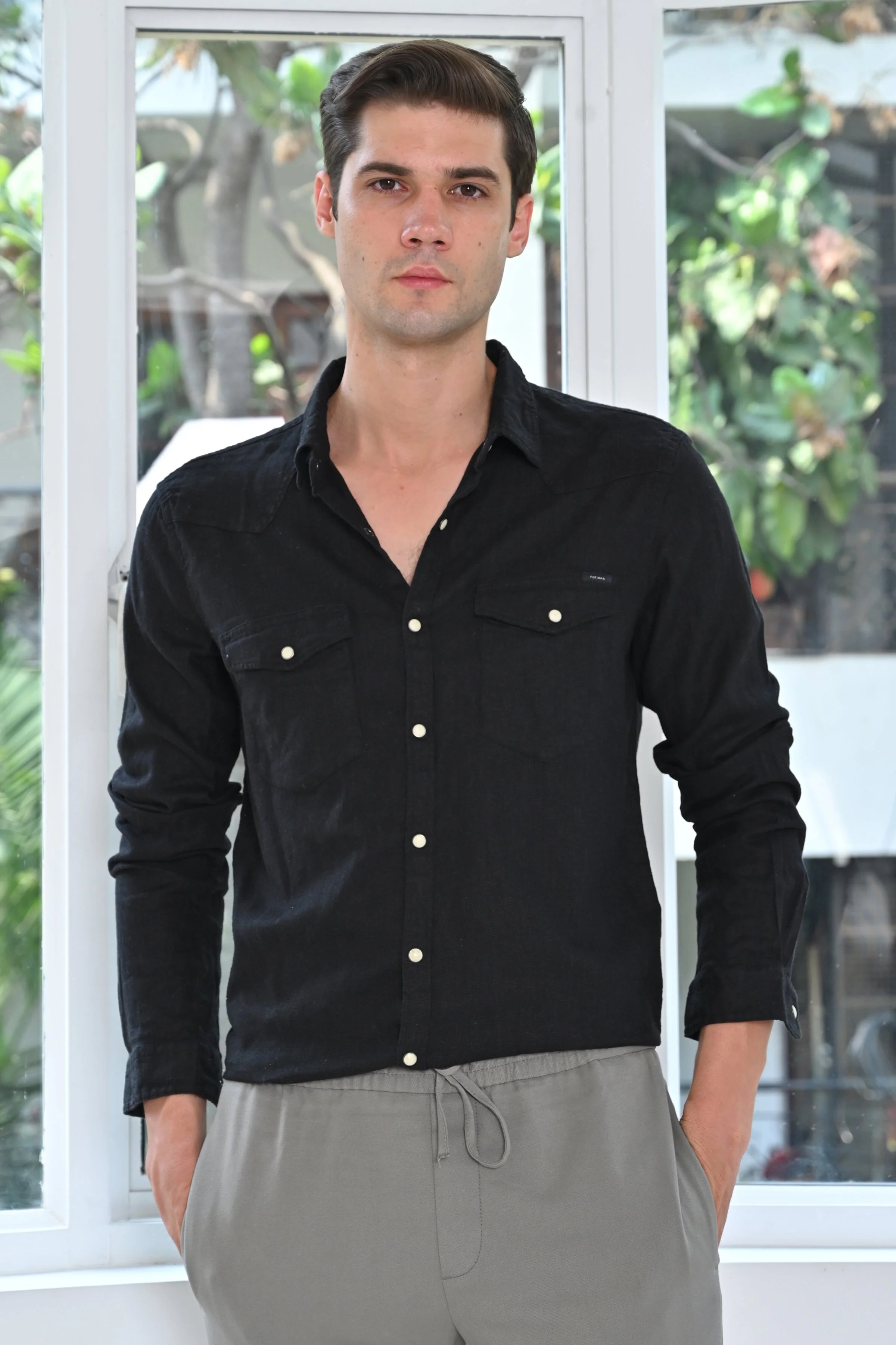 Men Pixel Linen Cotton Shirt Black - Image 6