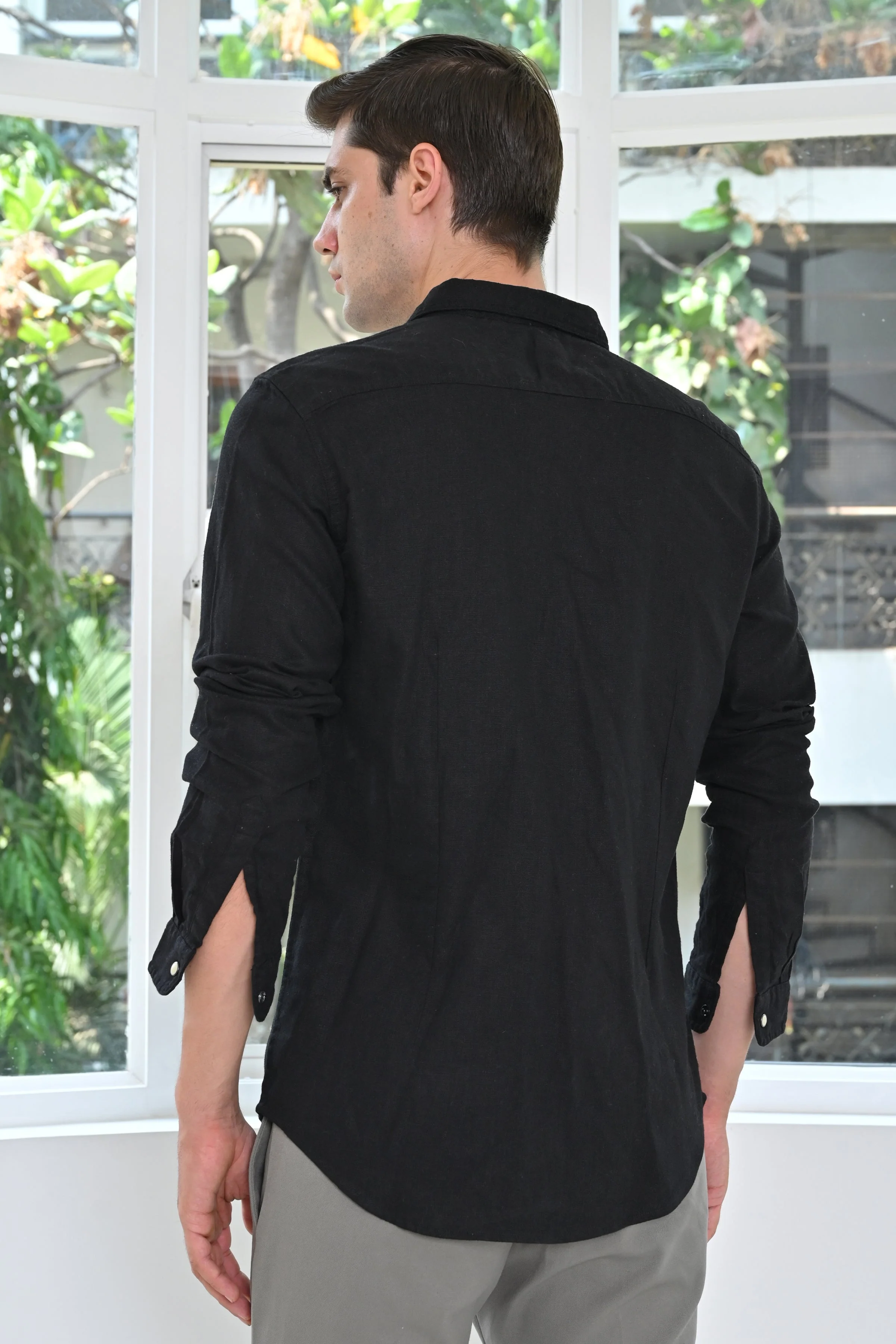 Men Pixel Linen Cotton Shirt Black - Image 7