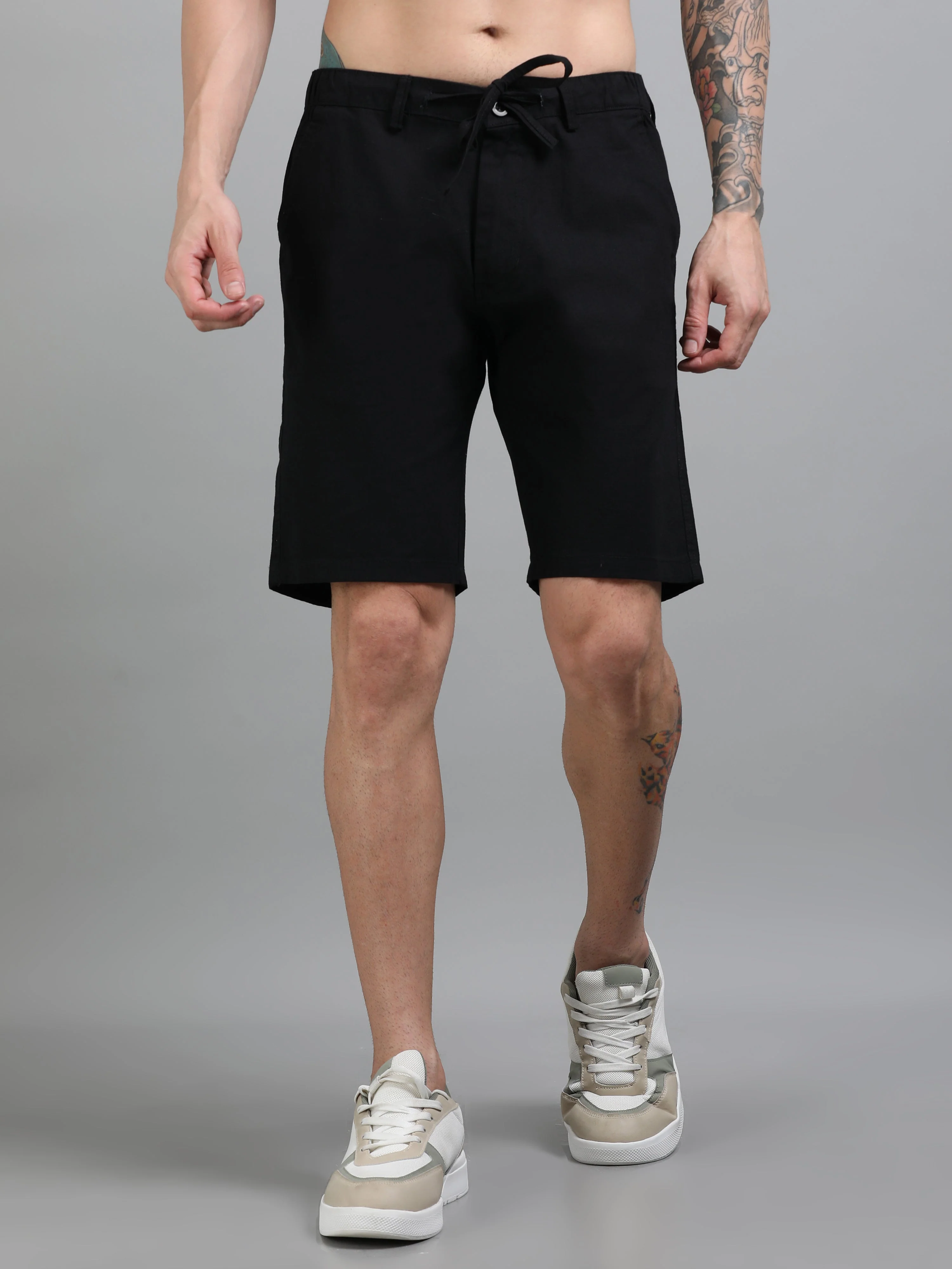 Men Plain Black Linen Blend Shorts