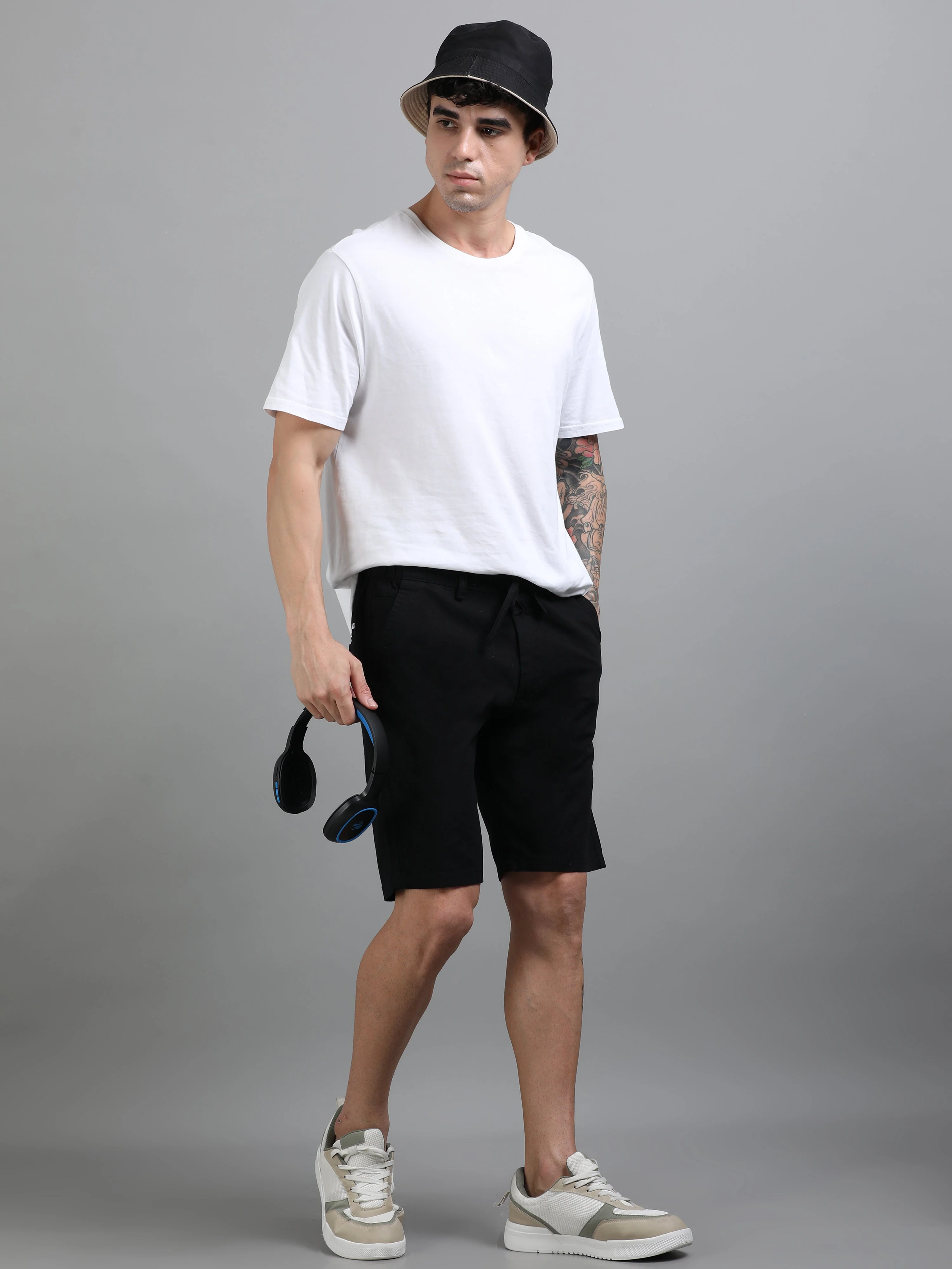 Men Plain Black Linen Blend Shorts - Image 6