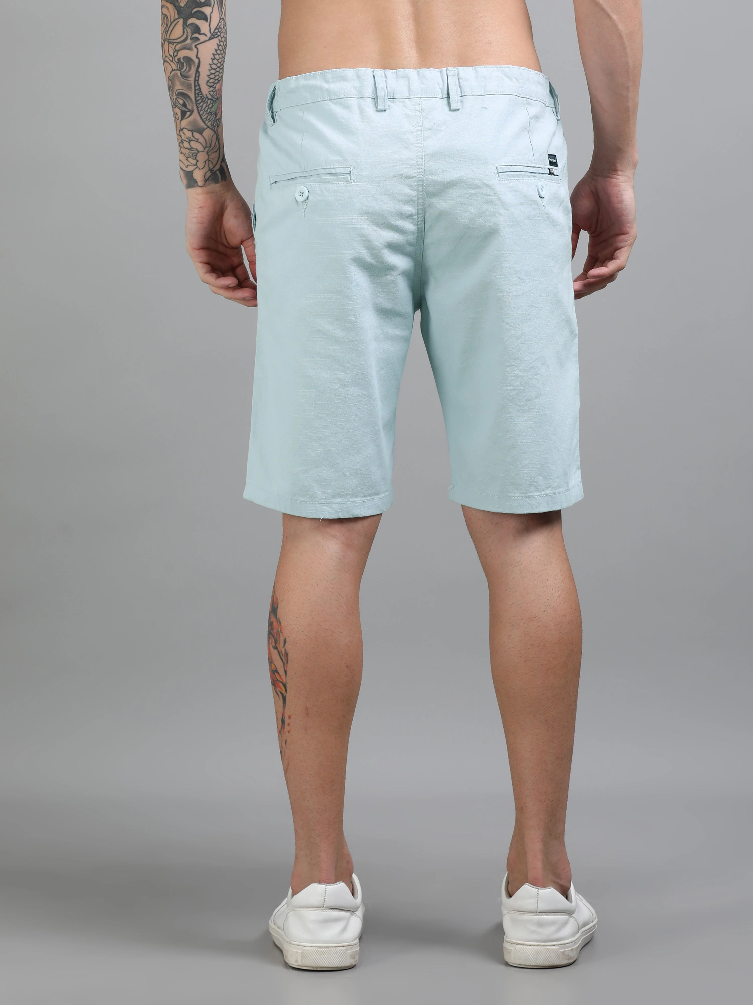 Men Plain Blue Linen Blend Shorts - Image 2