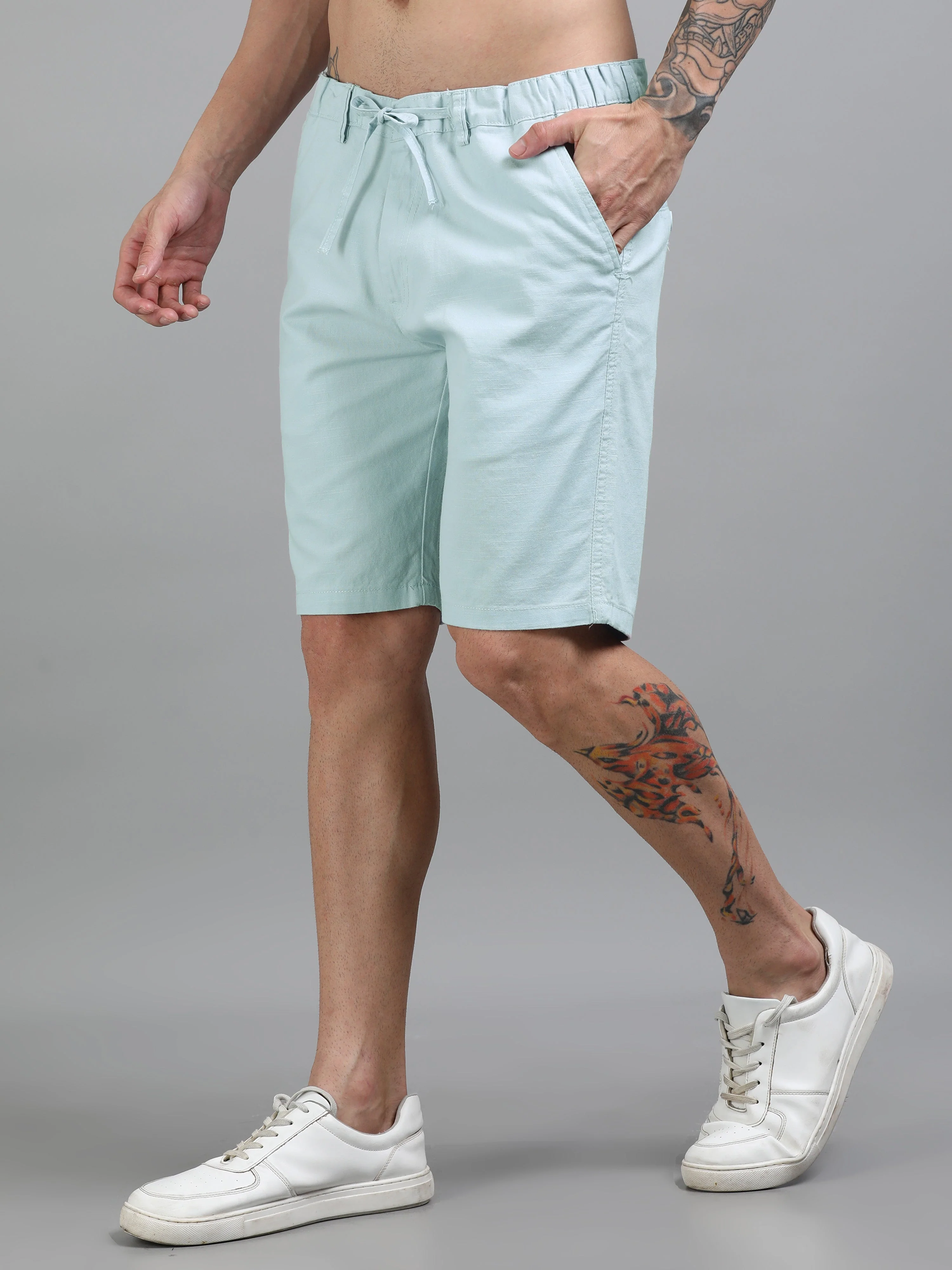 Men Plain Blue Linen Blend Shorts - Image 3