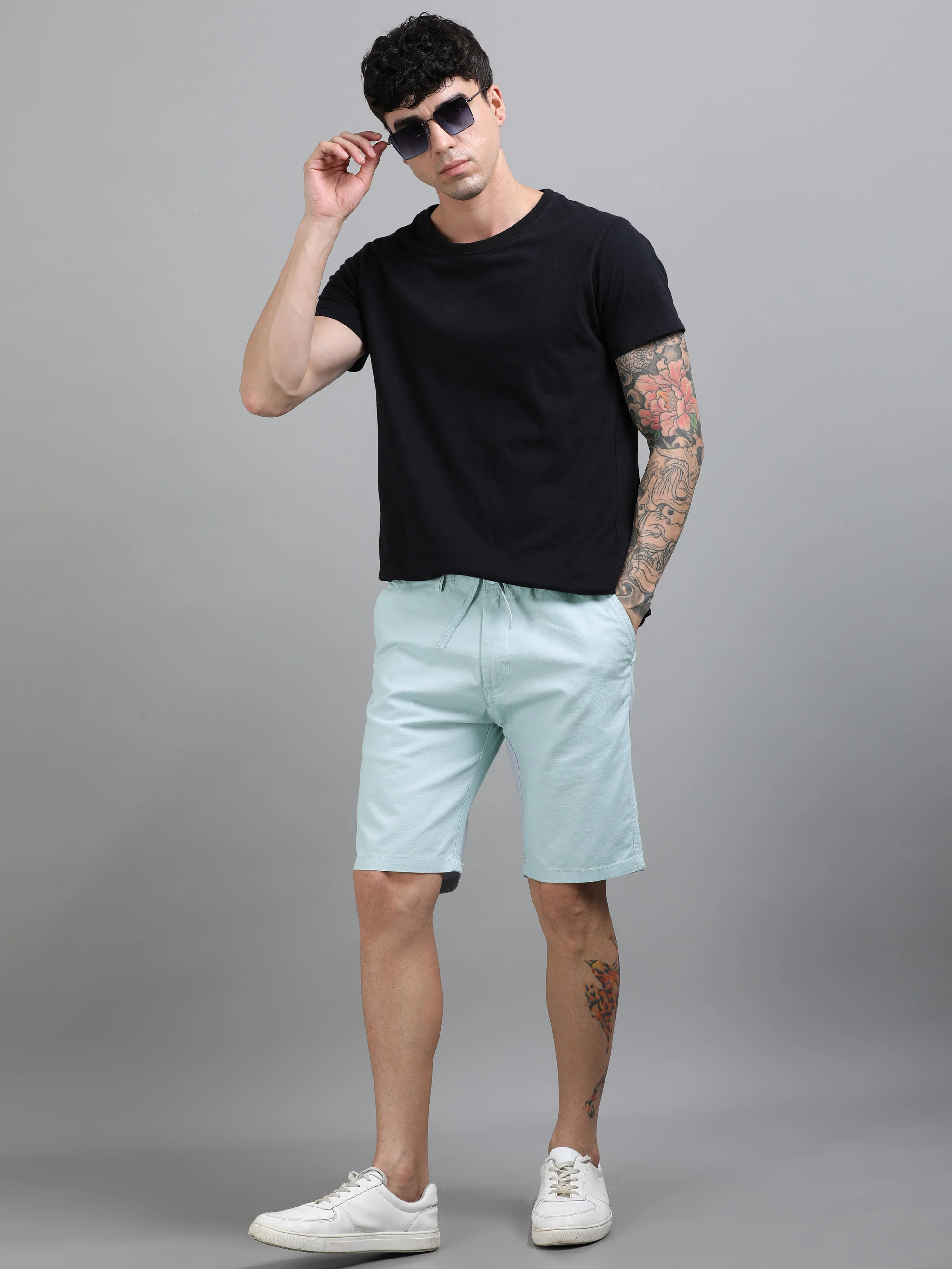 Men Plain Blue Linen Blend Shorts - Image 5