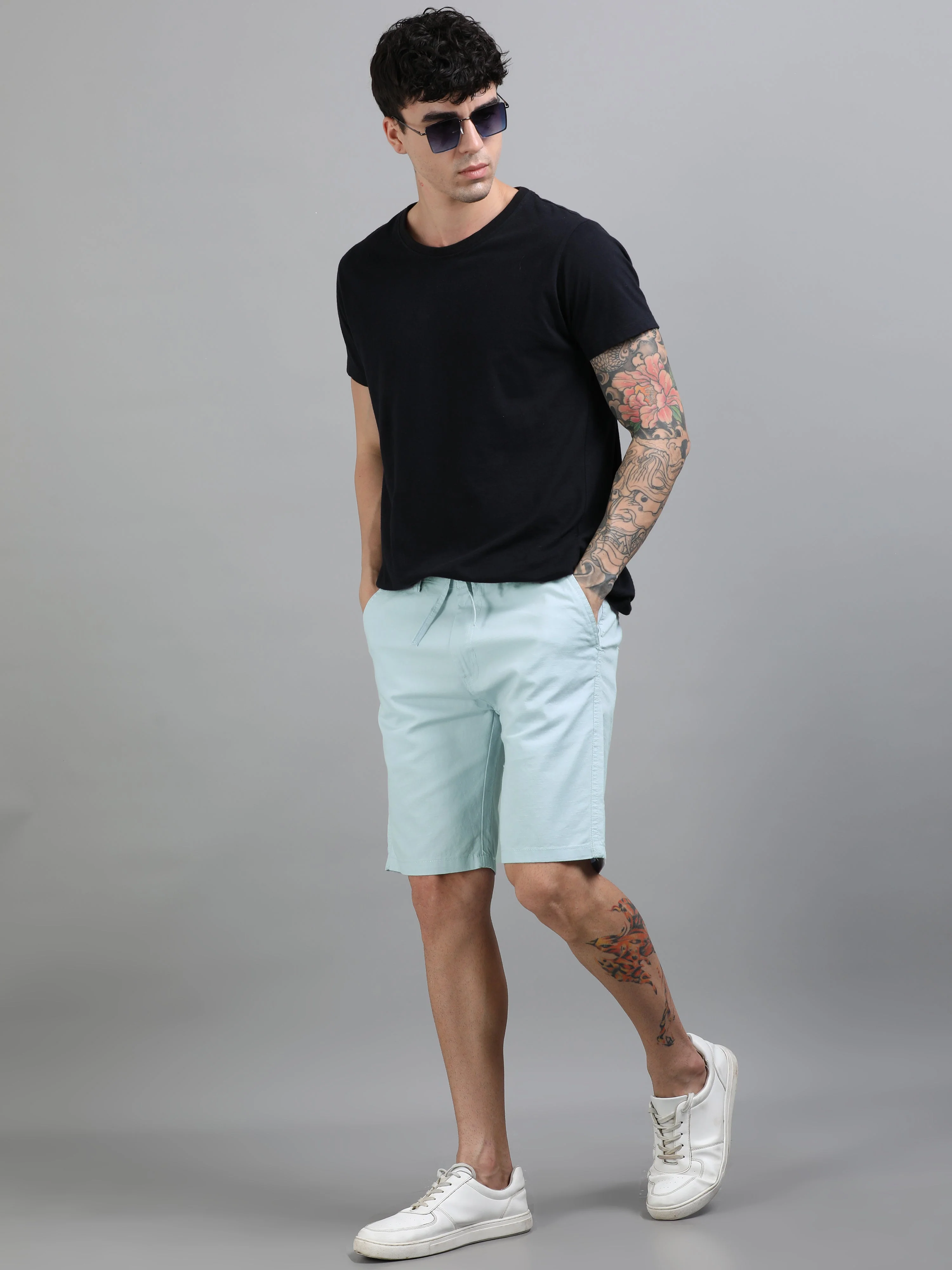 Men Plain Blue Linen Blend Shorts - Image 6