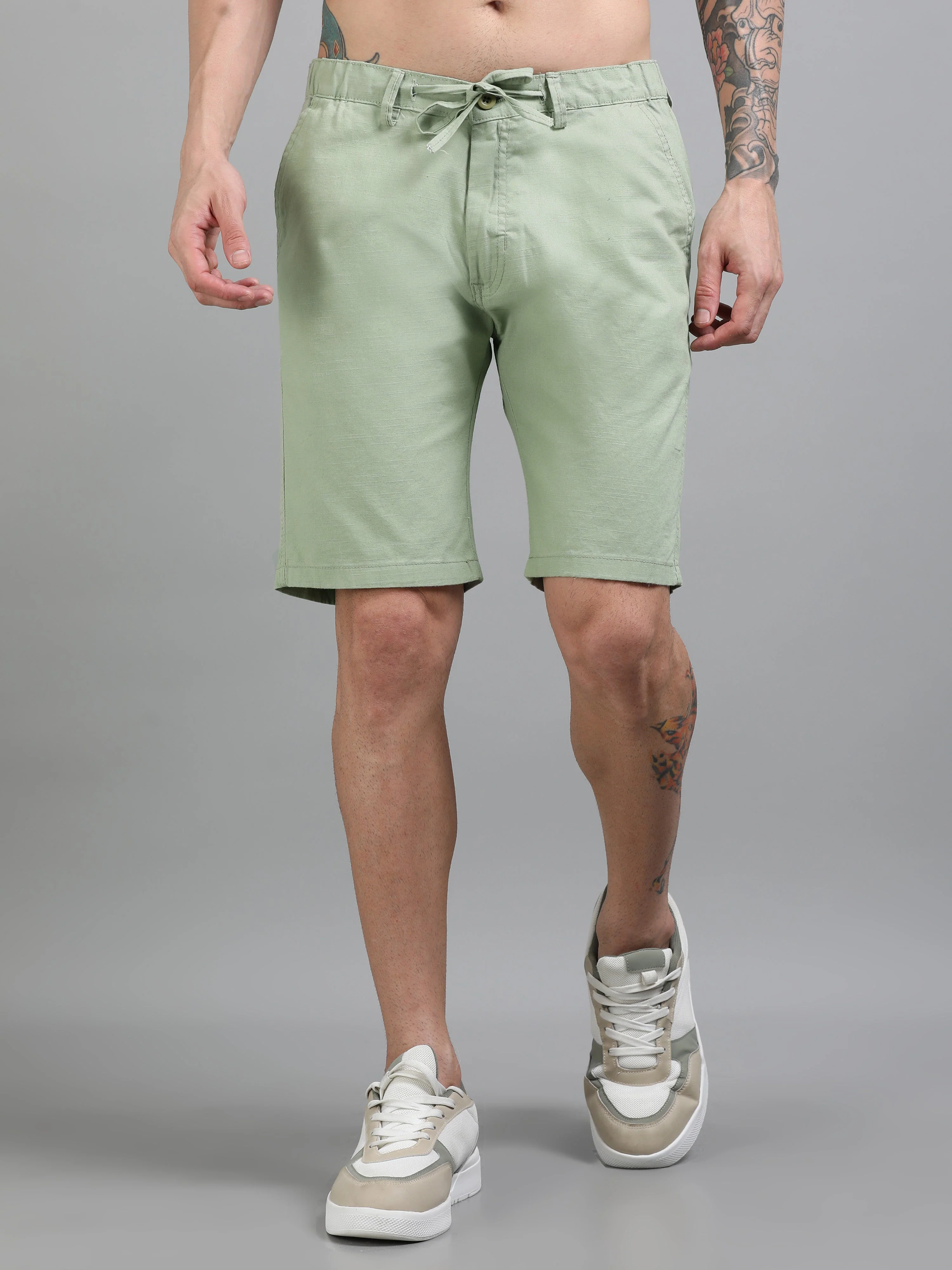 Men Plain Green Linen Blend Shorts