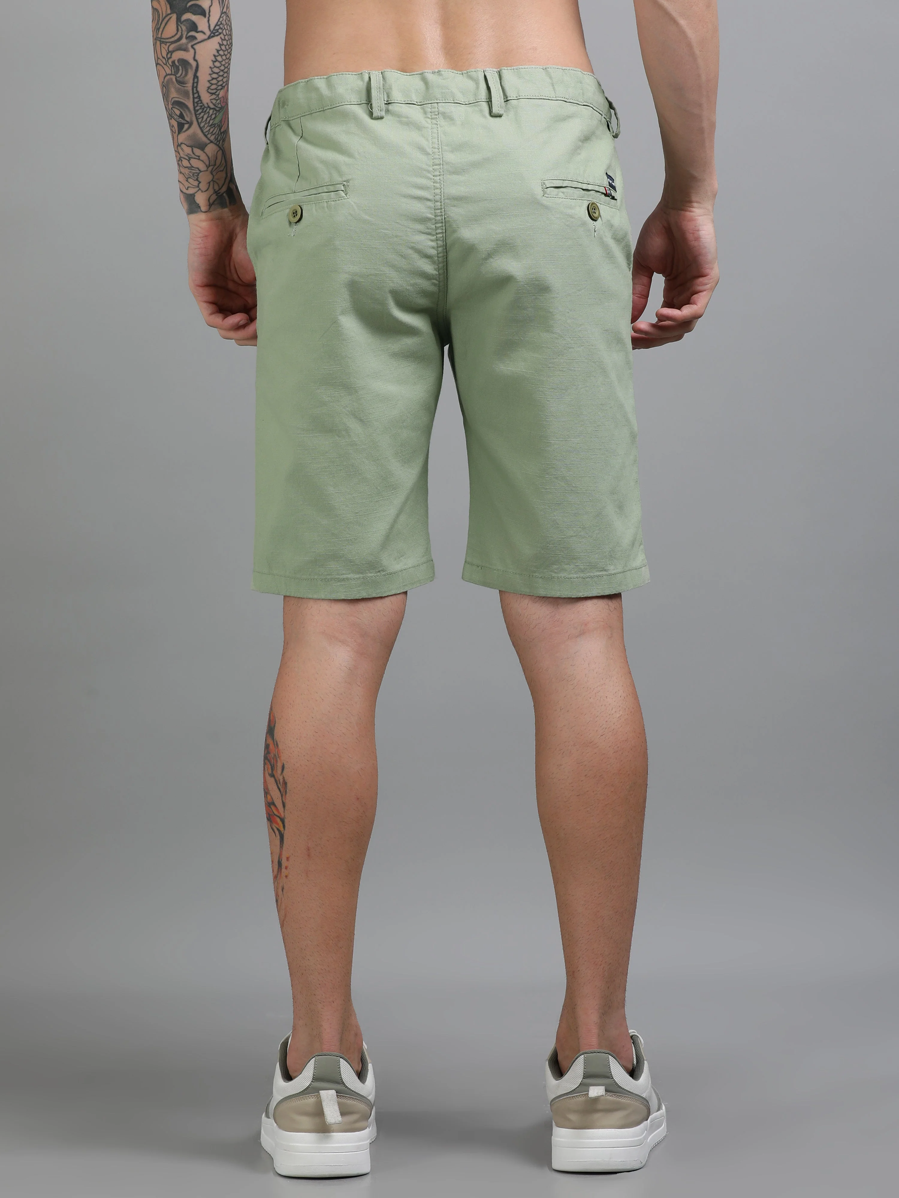 Men Plain Green Linen Blend Shorts - Image 2