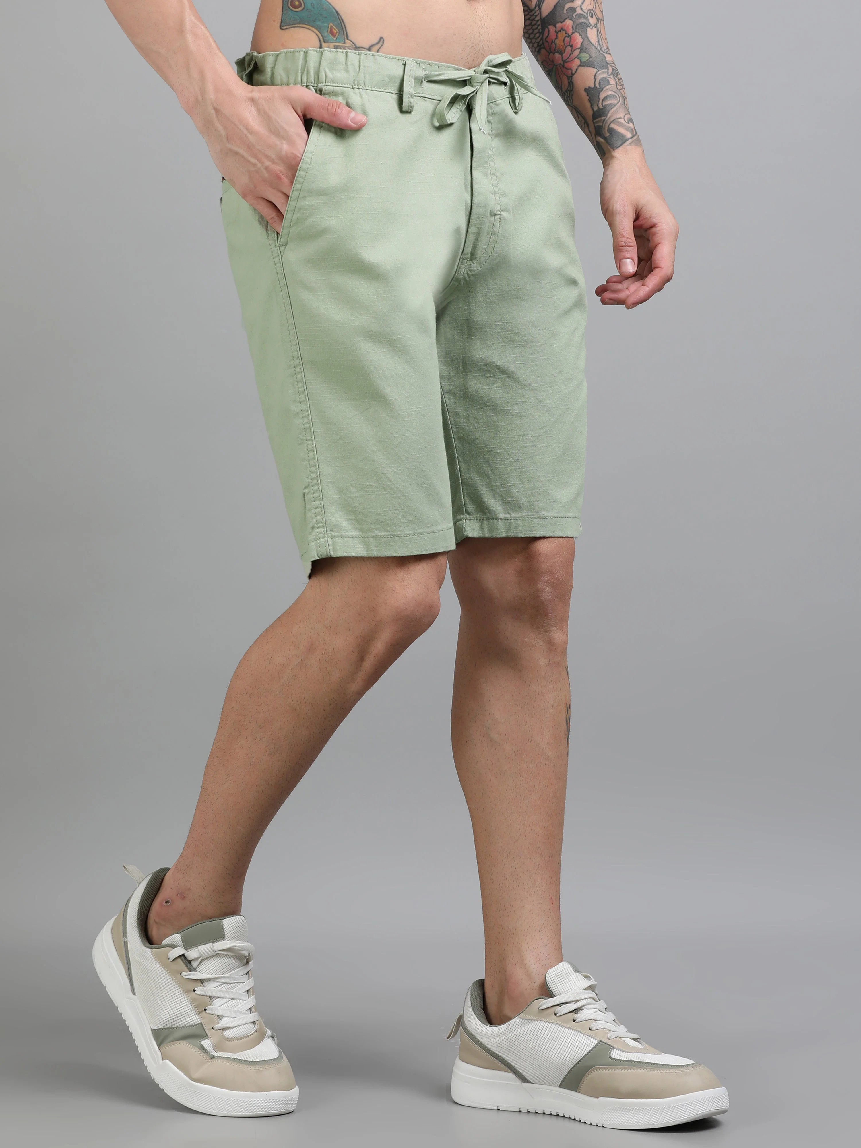 Men Plain Green Linen Blend Shorts - Image 3