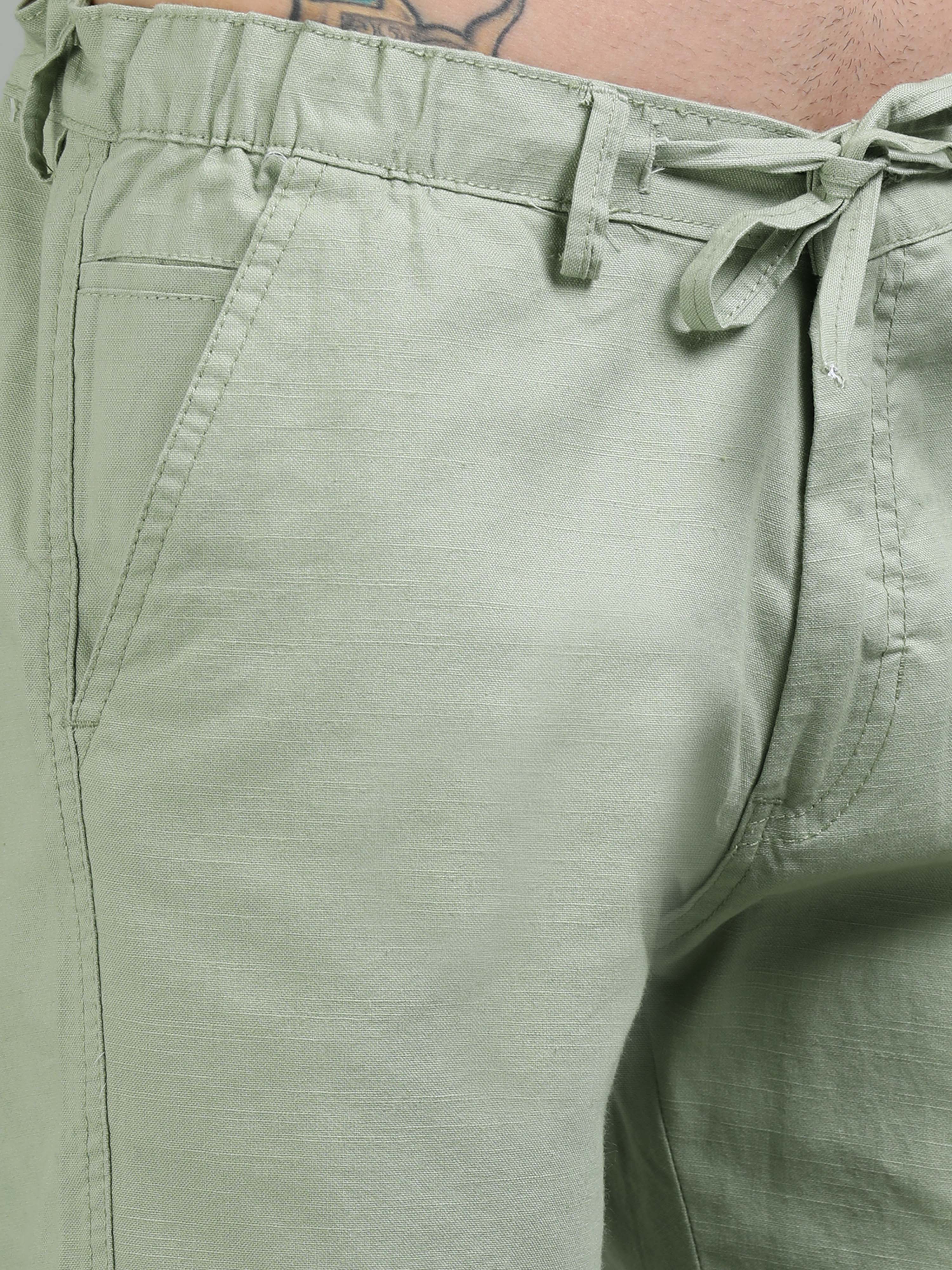 Men Plain Green Linen Blend Shorts - Image 4