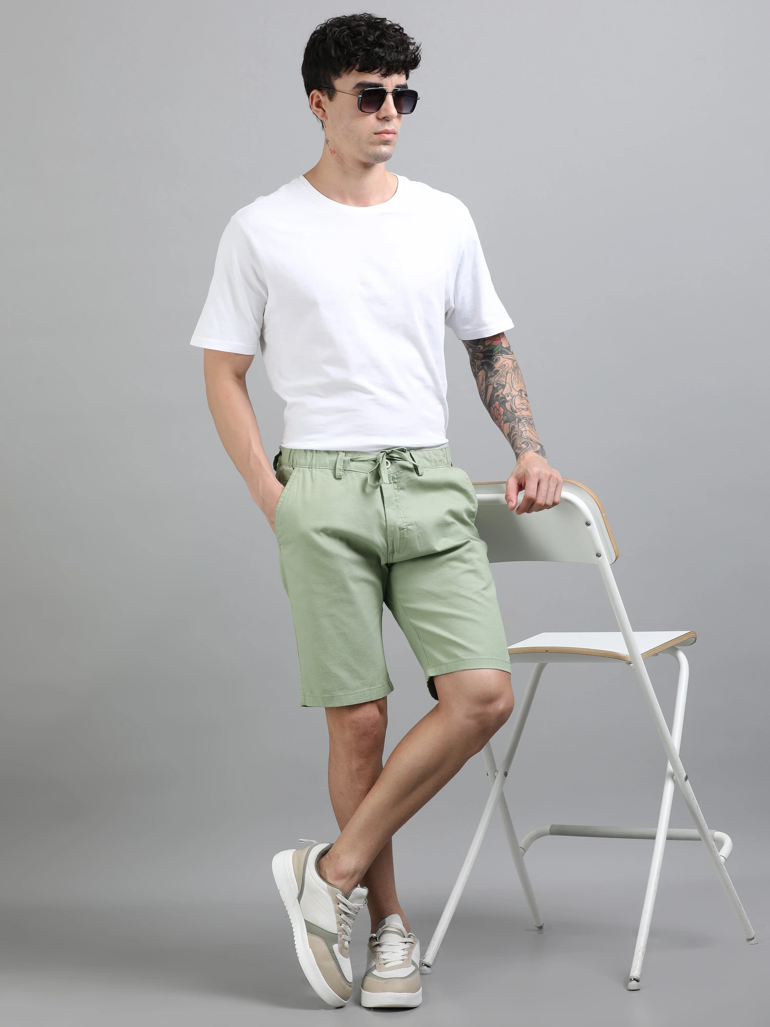 Men Plain Green Linen Blend Shorts - Image 6