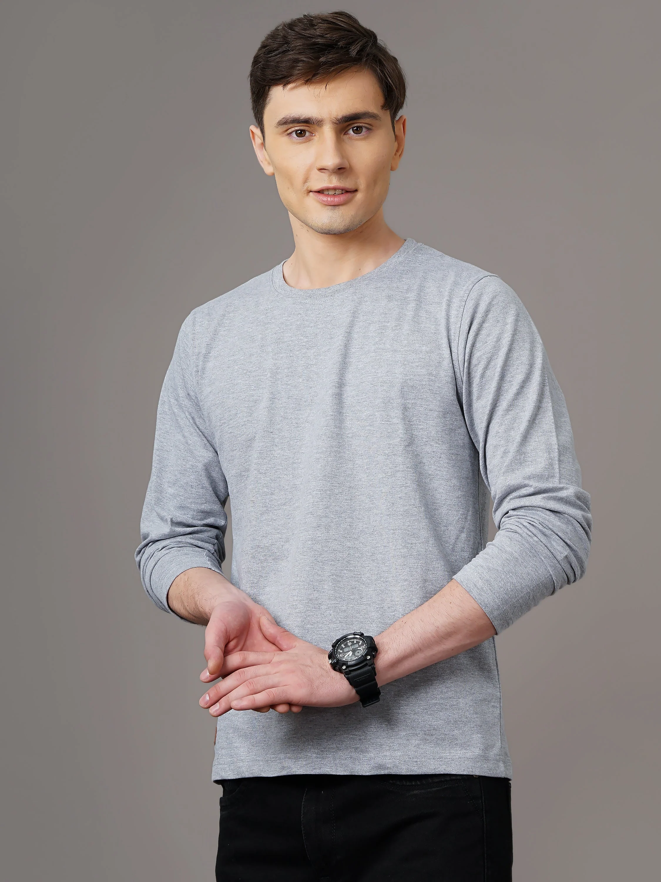 Men Plain Grey Full Sleeve T-Shirt - Image 4