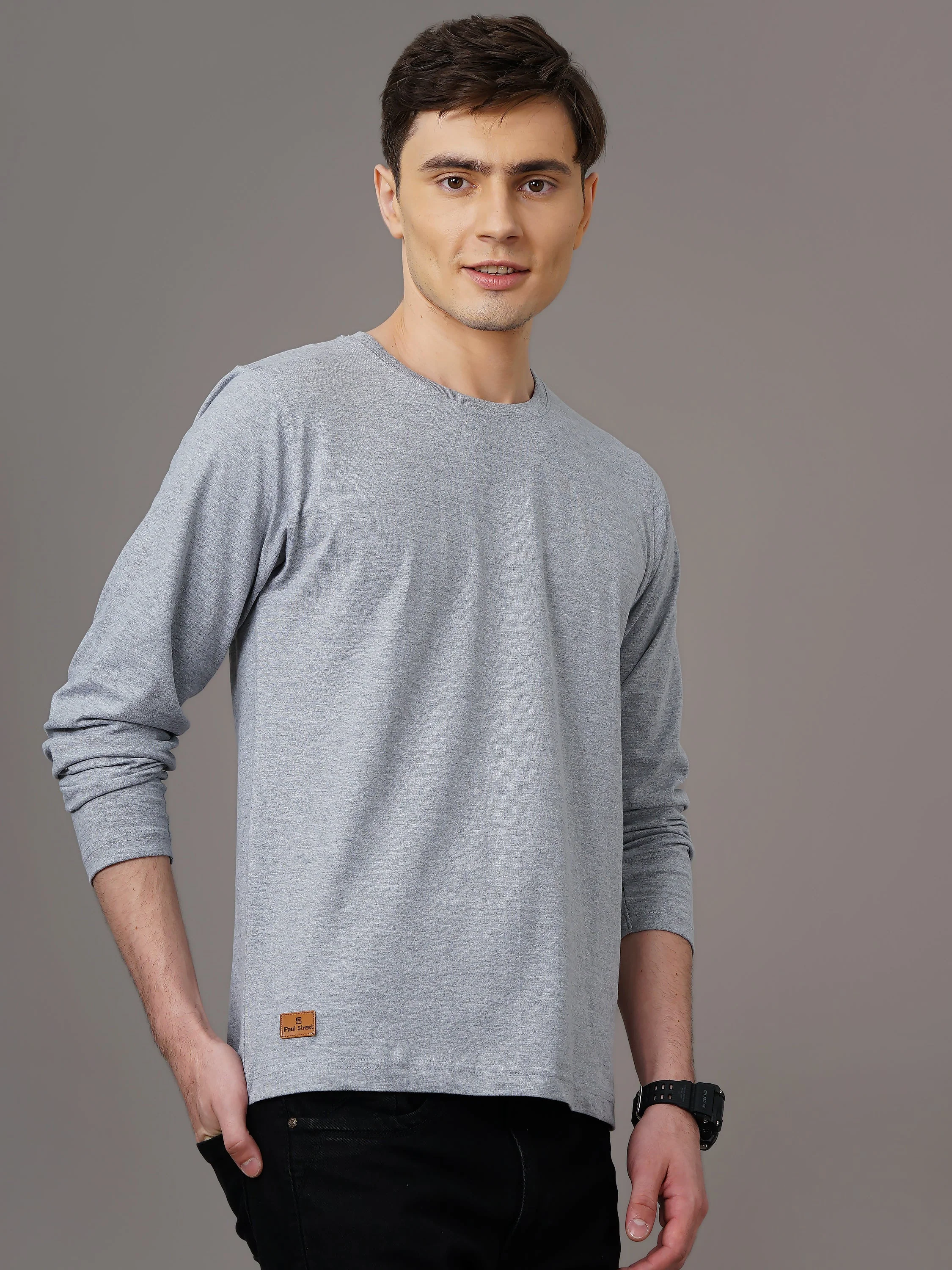 Men Plain Grey Full Sleeve T-Shirt - Image 5