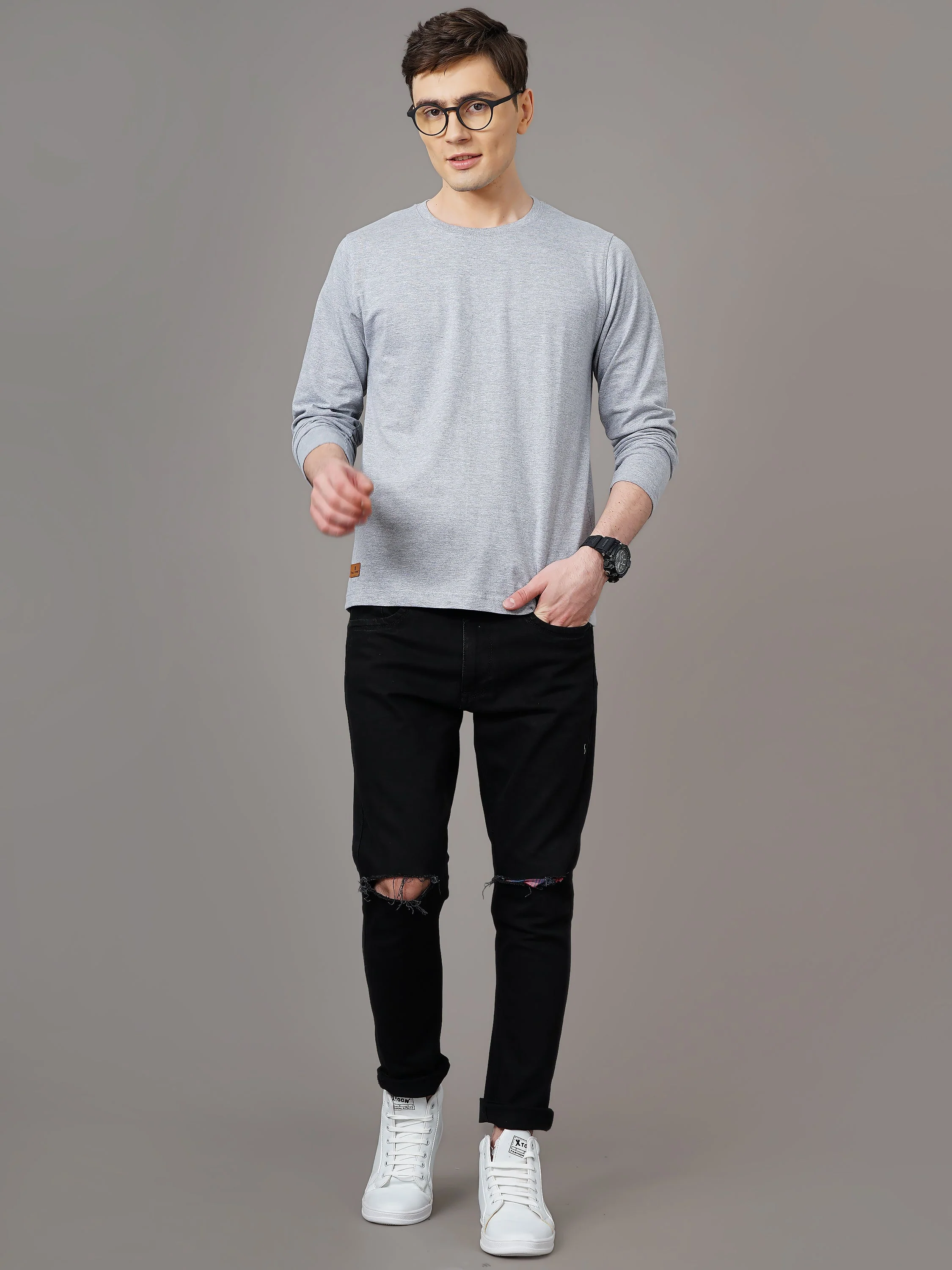 Men Plain Grey Full Sleeve T-Shirt - Image 6
