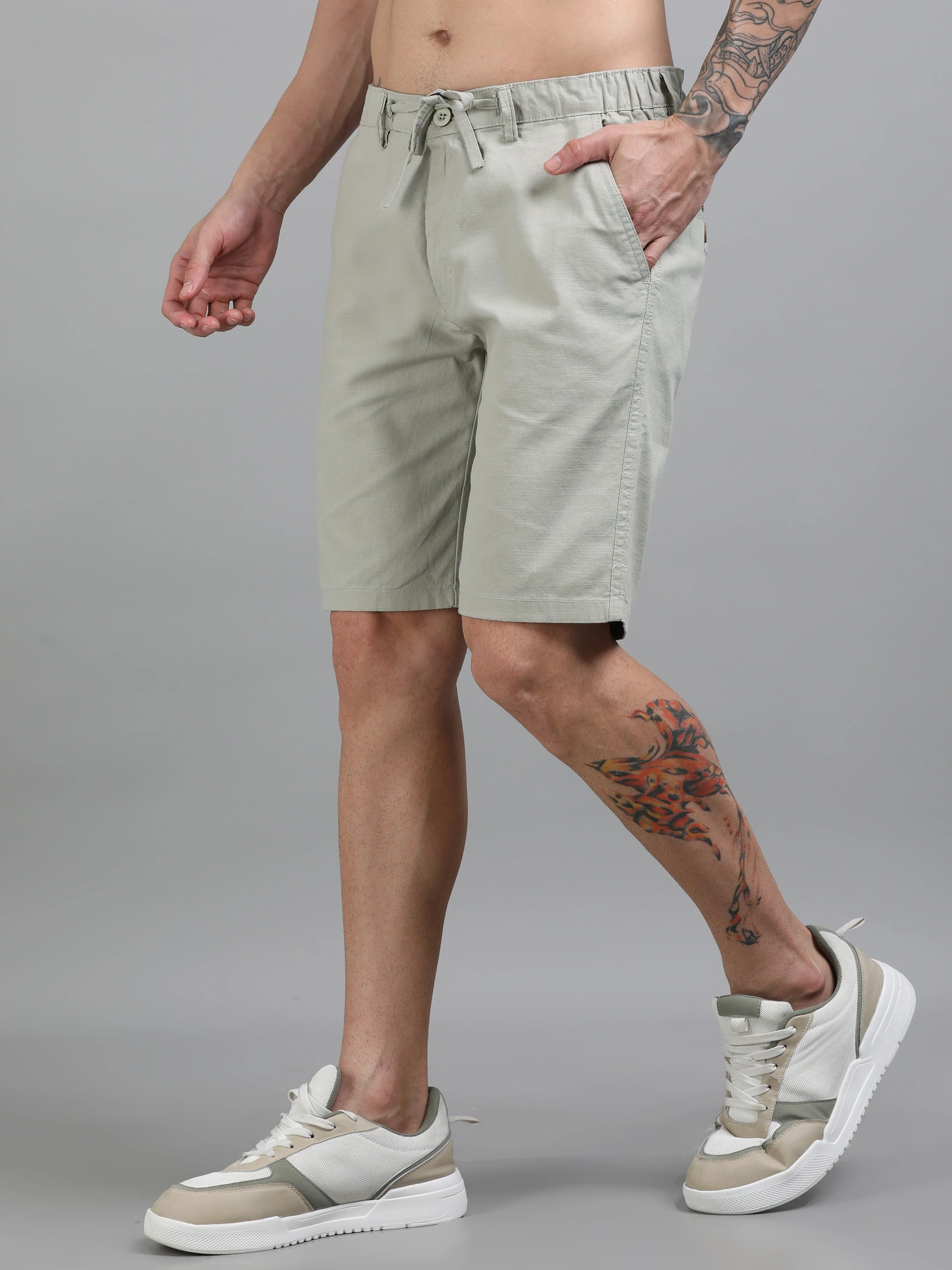 Men Plain Grey Linen Blend Shorts - Image 3