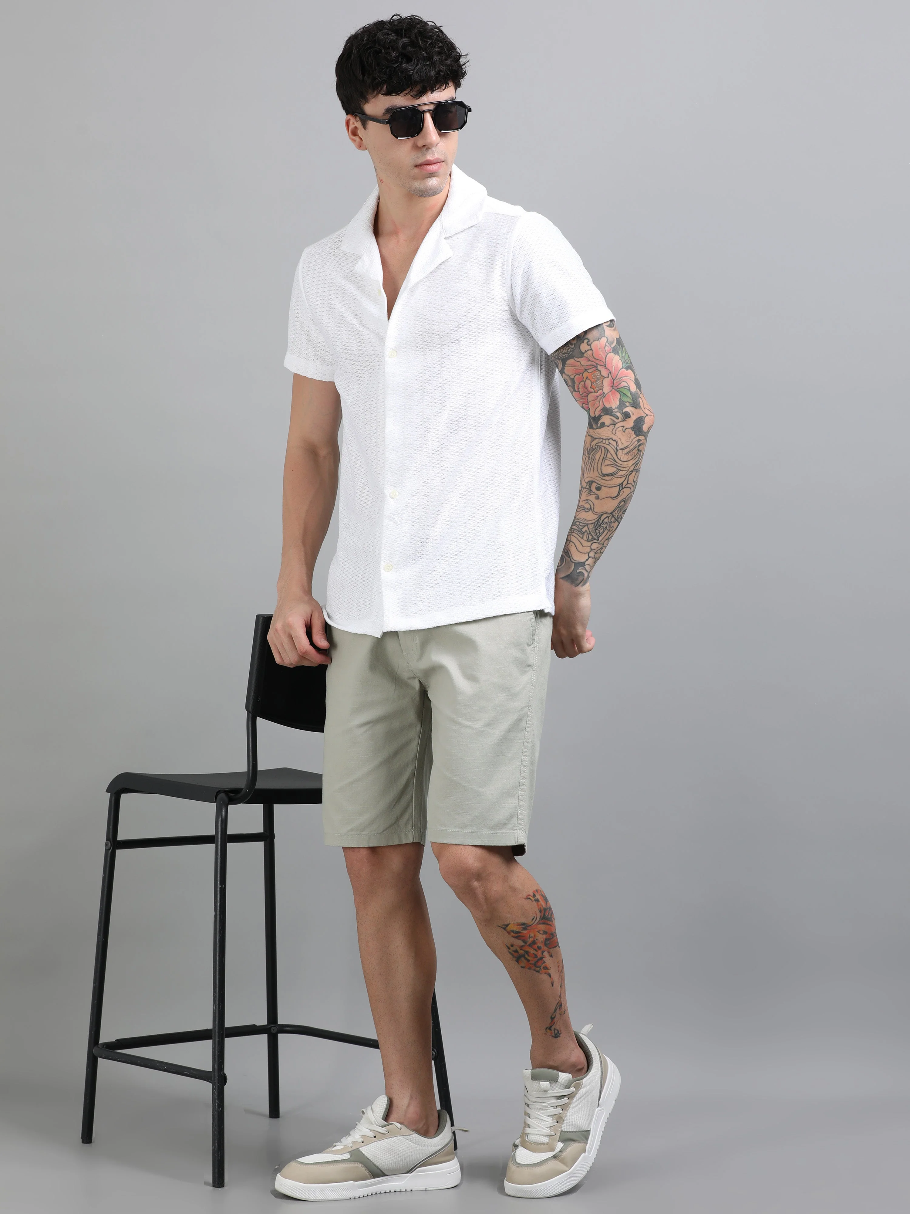 Men Plain Grey Linen Blend Shorts - Image 6