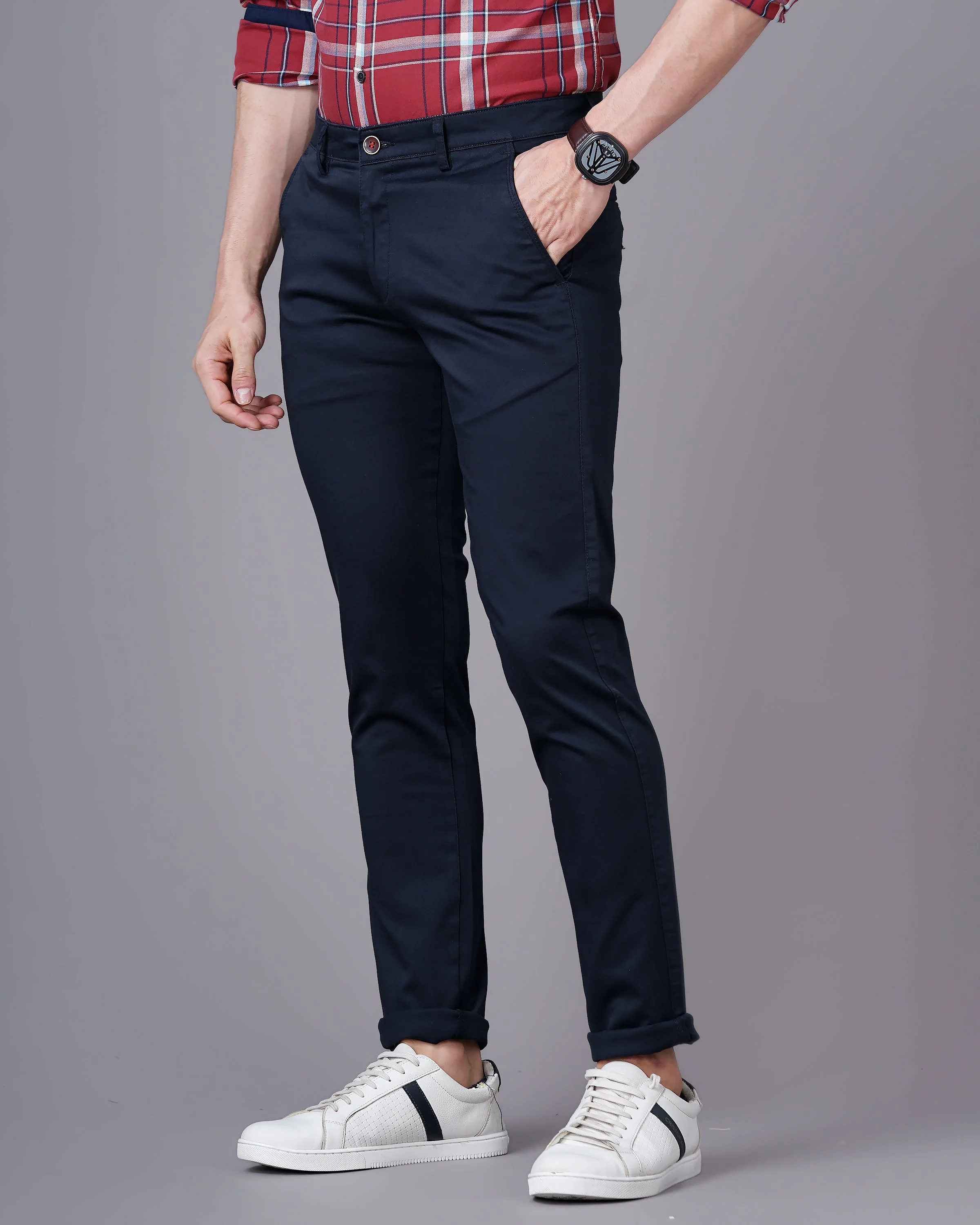 Men Plain Navy Chinos - Image 4