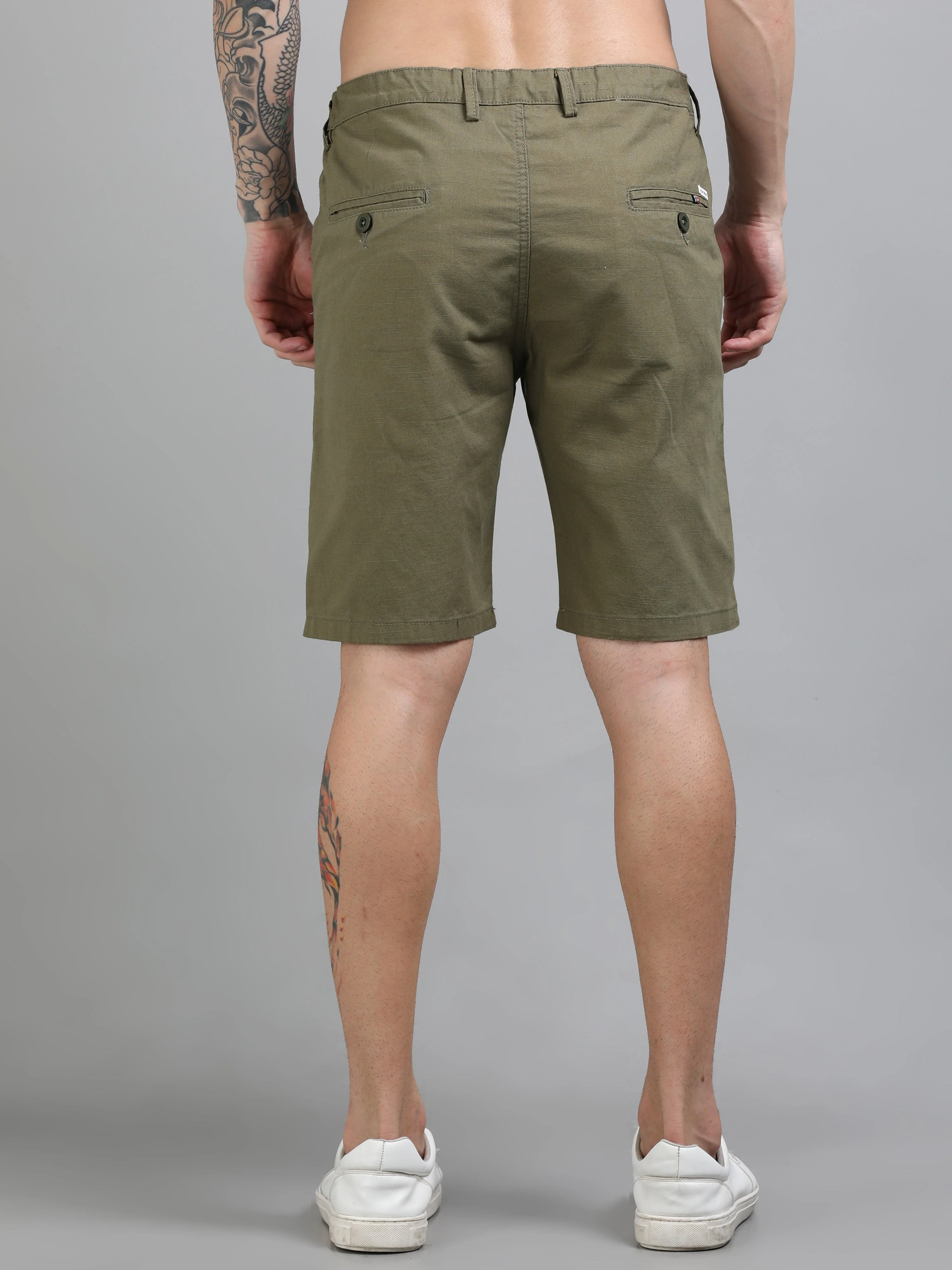 Men Plain Olive Linen Blend Shorts - Image 2