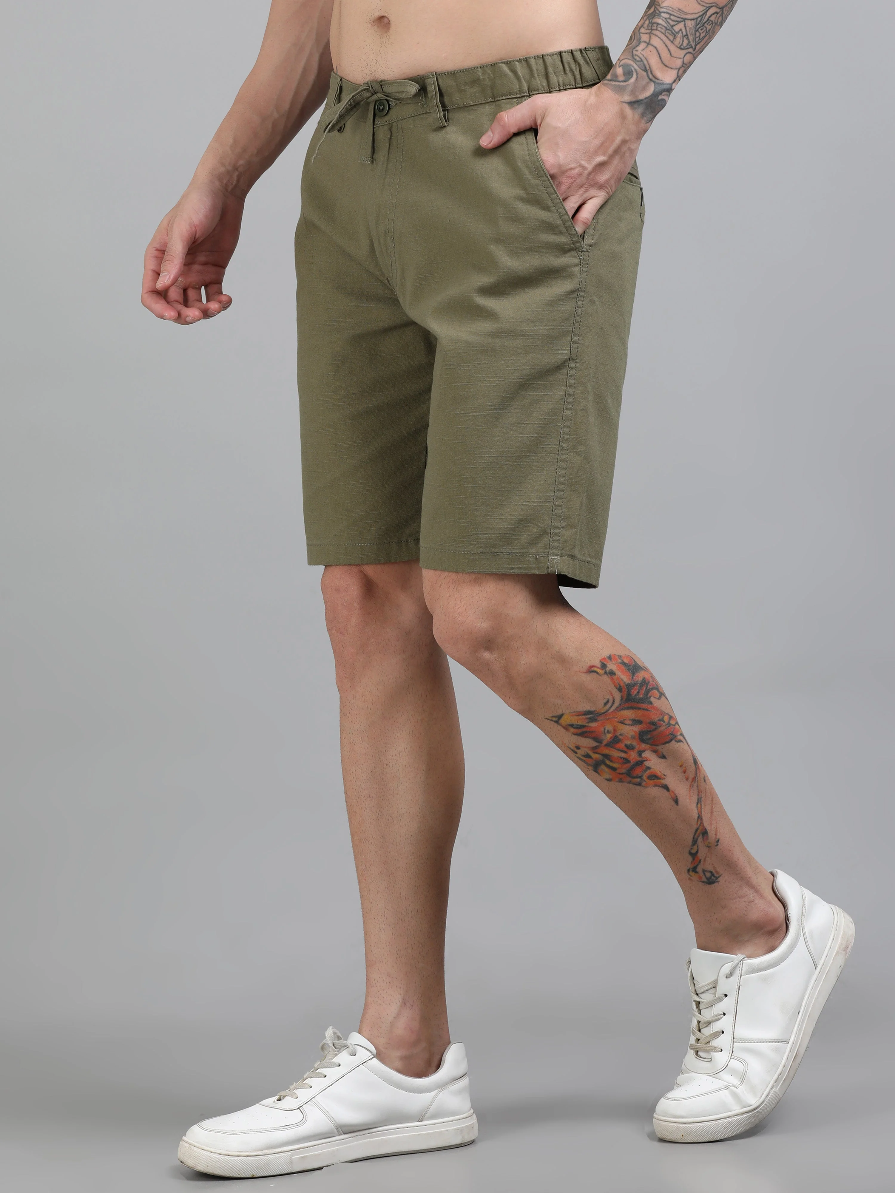 Men Plain Olive Linen Blend Shorts - Image 3