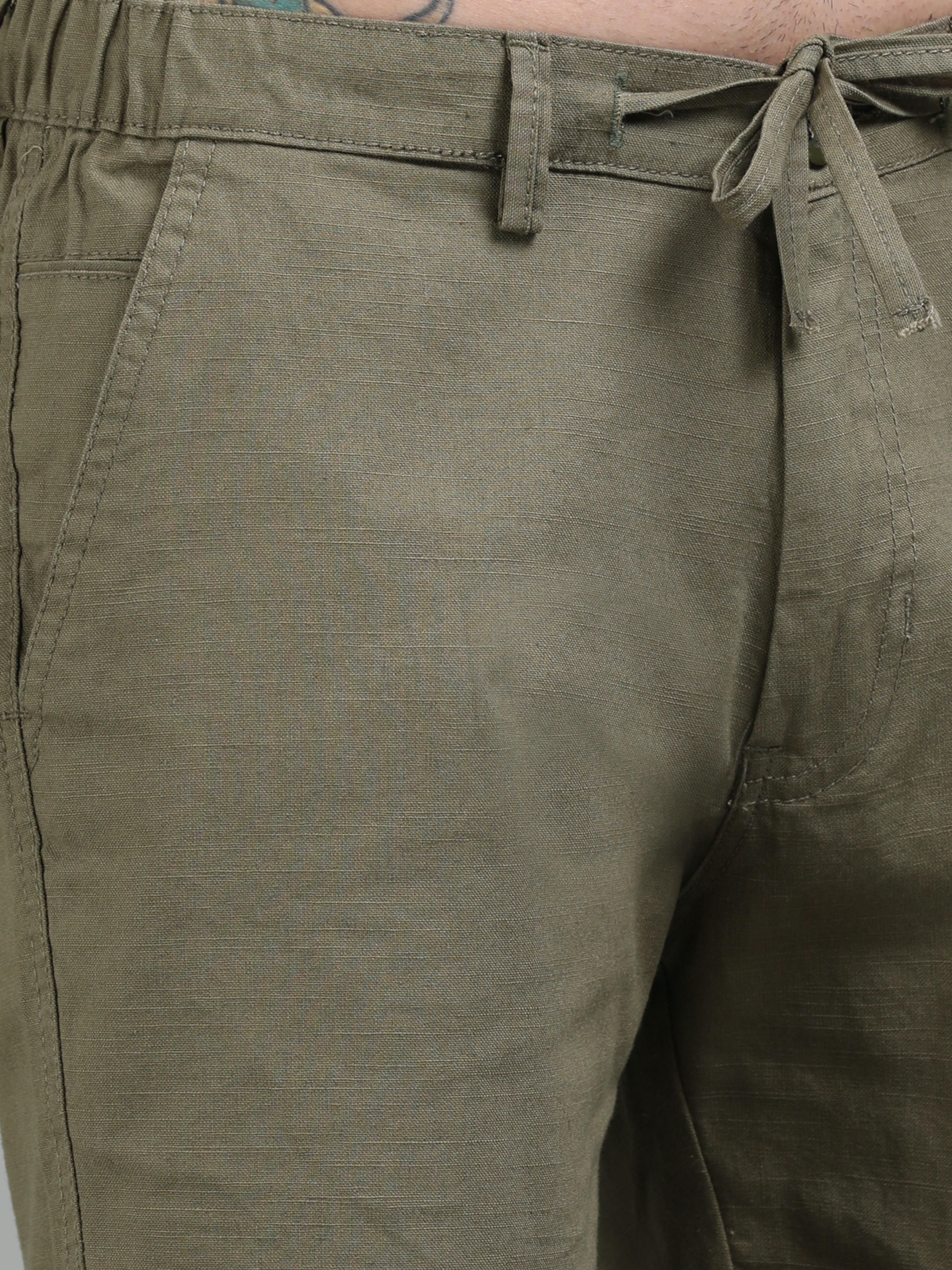 Men Plain Olive Linen Blend Shorts - Image 4