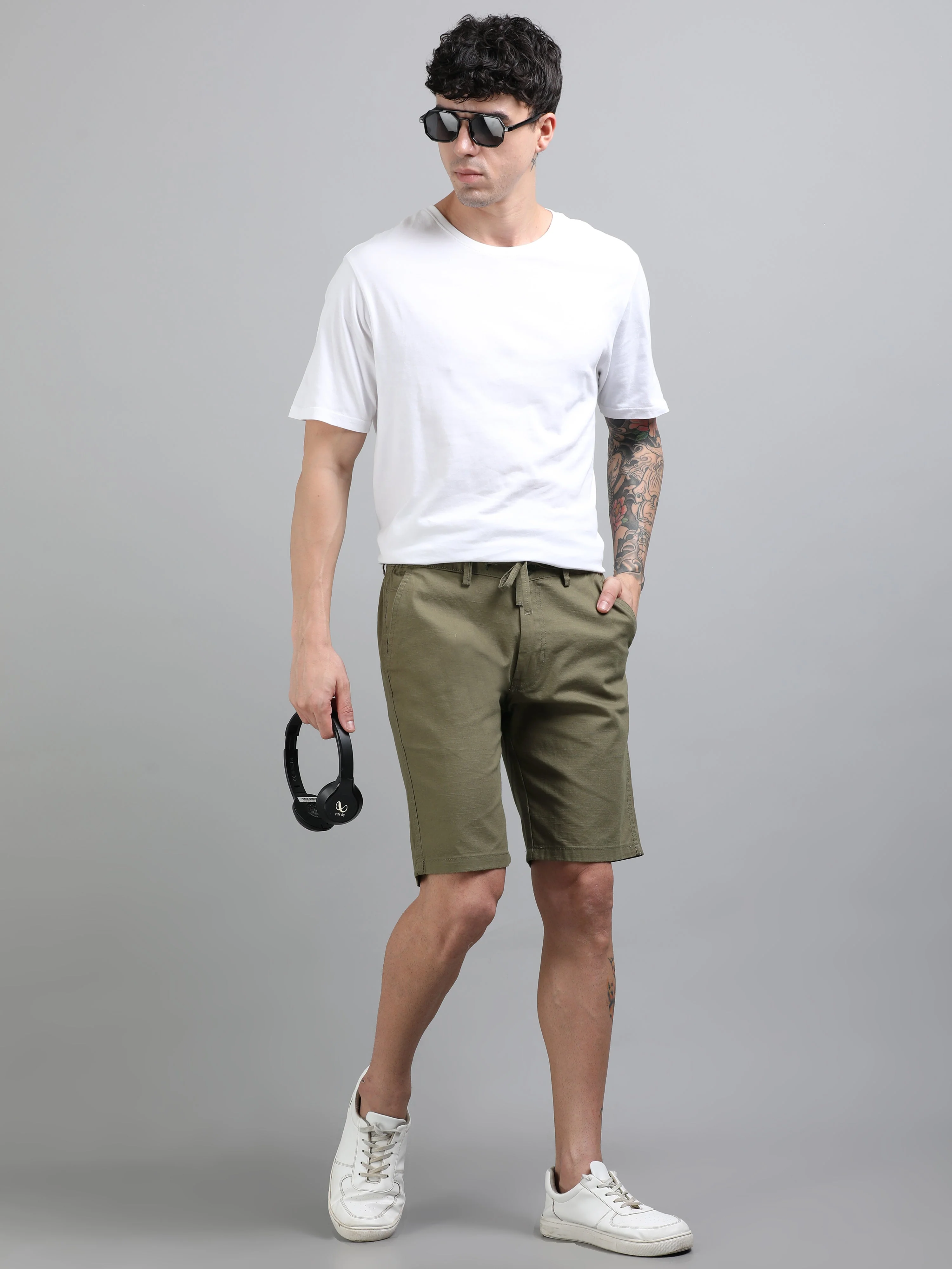 Men Plain Olive Linen Blend Shorts - Image 5