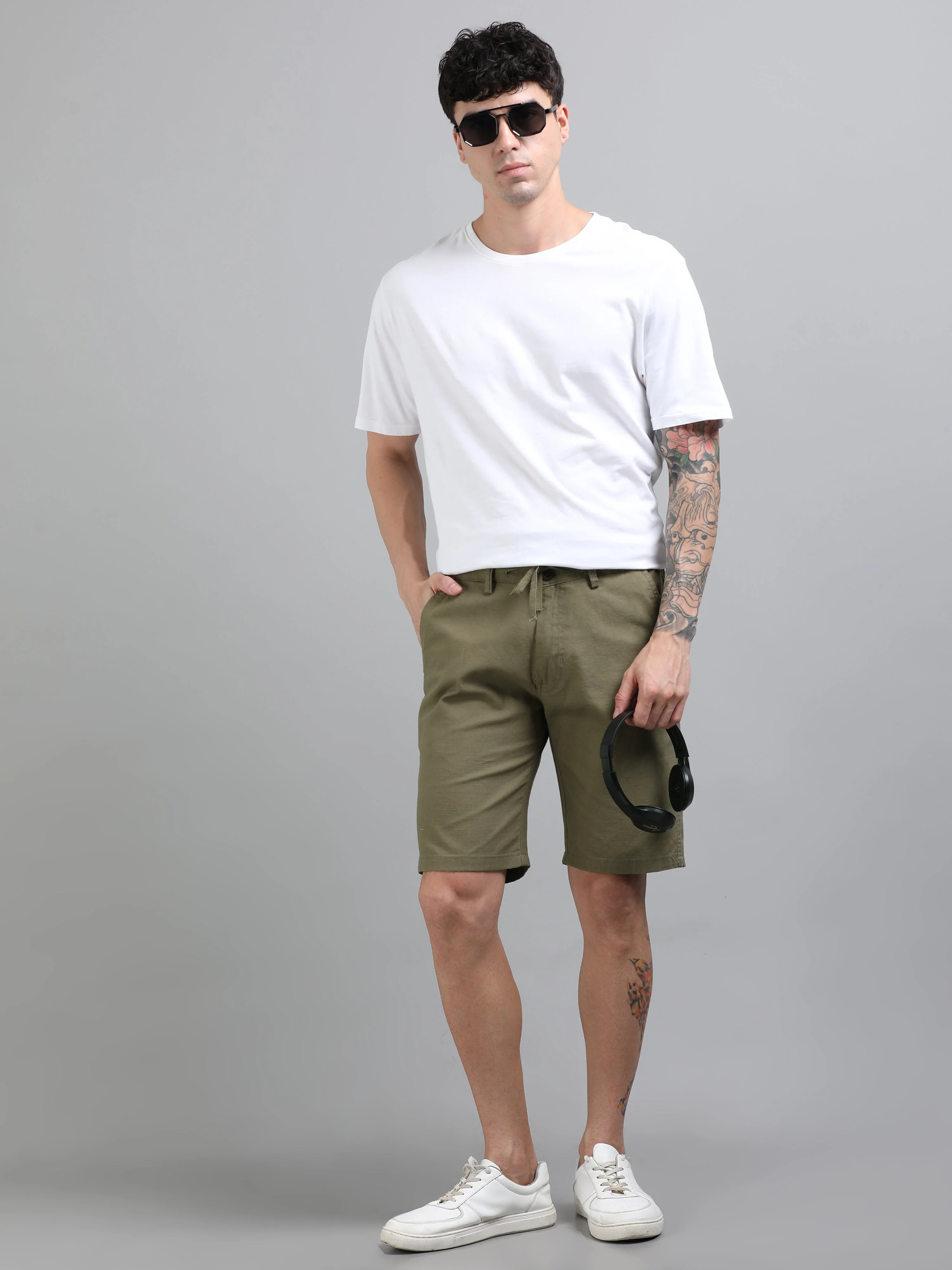Men Plain Olive Linen Blend Shorts - Image 6