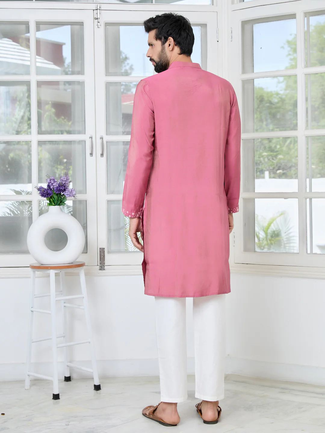 Men Plum Embossed and Foil Kurta - Image 4