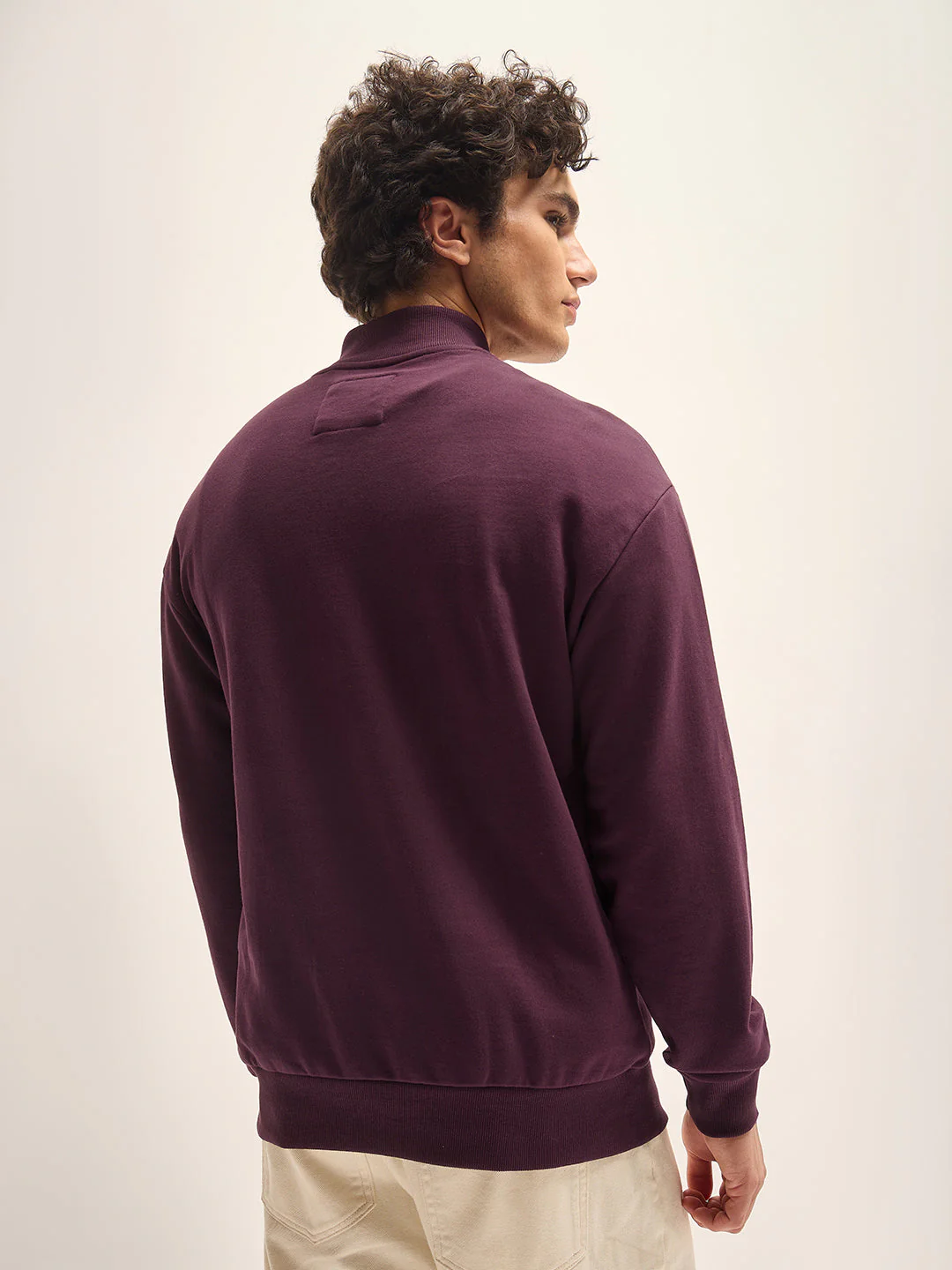 Men Plum Solid Relax Fit High Neck Sweatshirt - Image 2