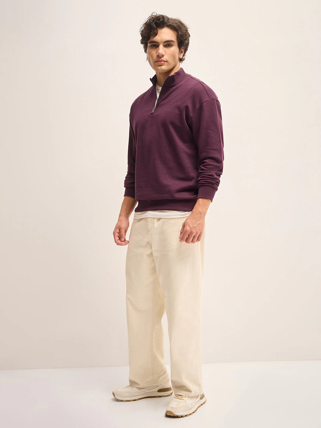 Men Plum Solid Relax Fit High Neck Sweatshirt - Image 4