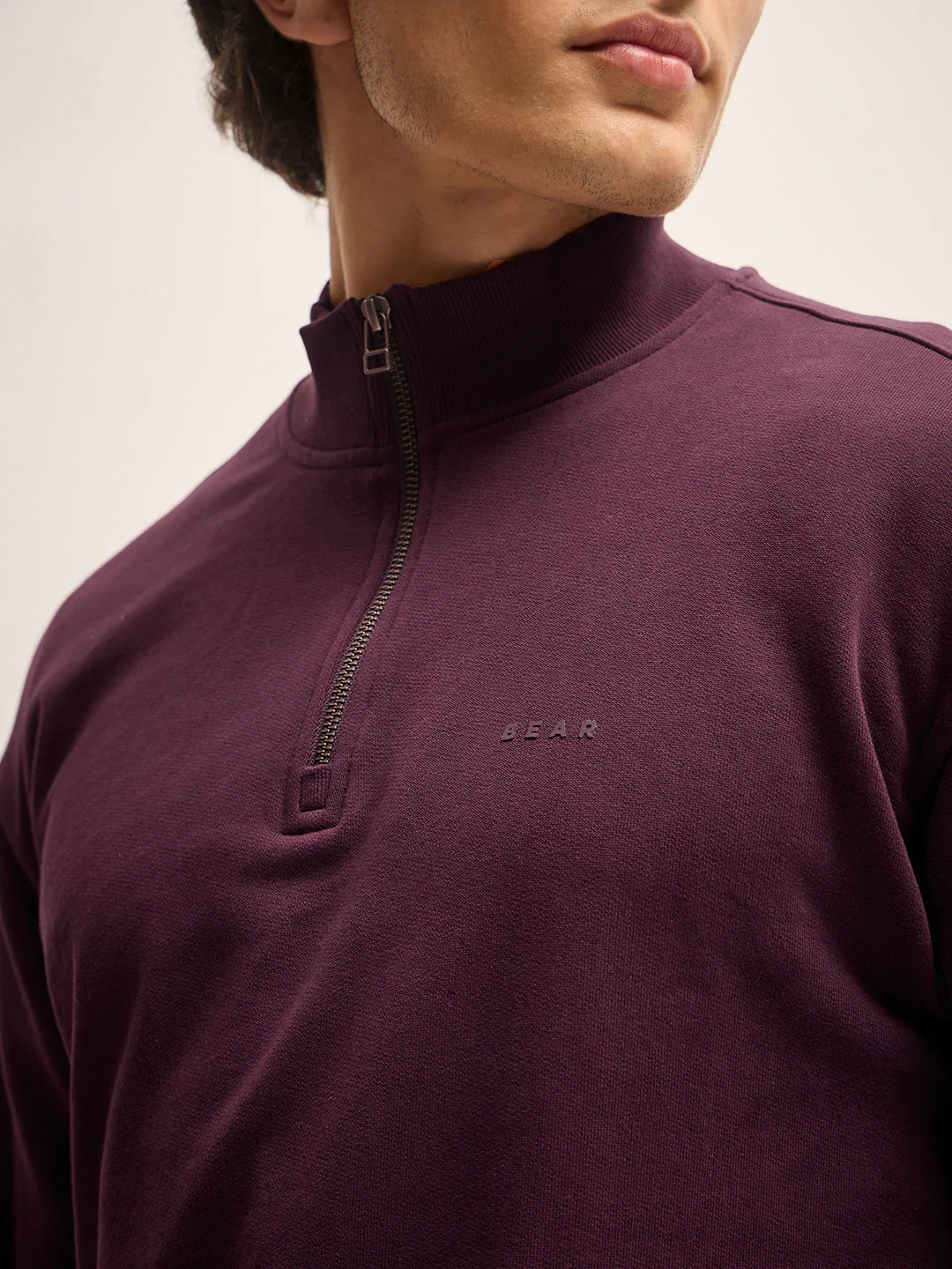 Men Plum Solid Relax Fit High Neck Sweatshirt - Image 5
