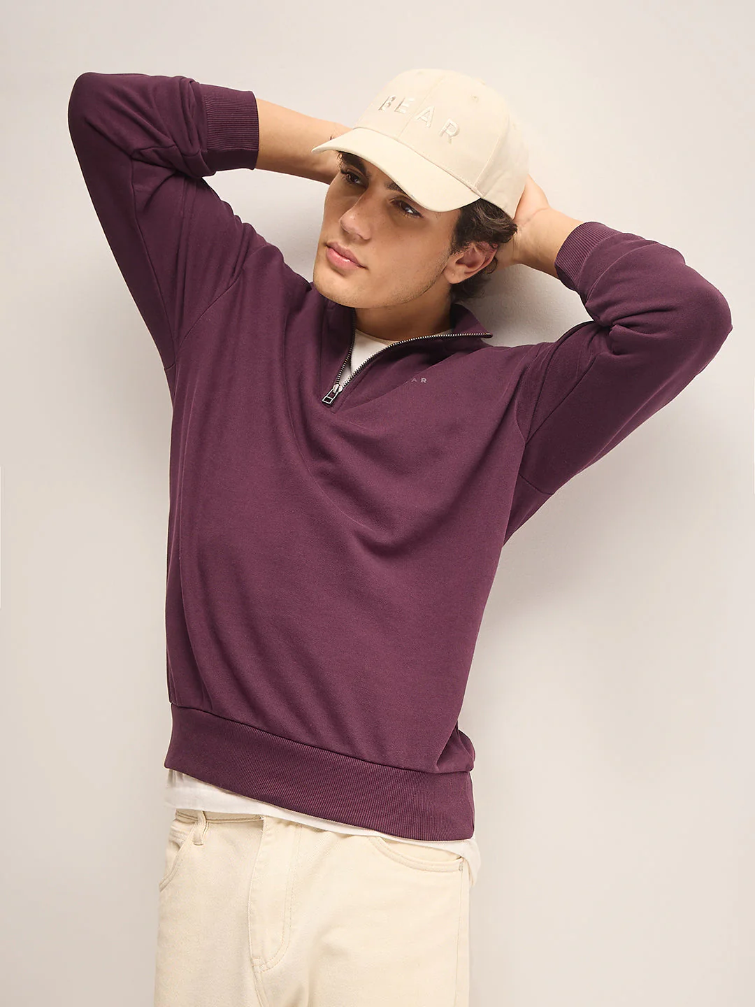 Men Plum Solid Relax Fit High Neck Sweatshirt - Image 6
