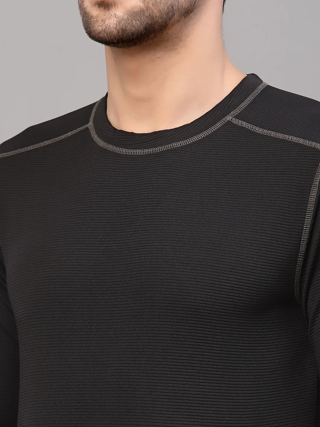 Men Black Poly Corduroy Round Neck TShirt - Image 3