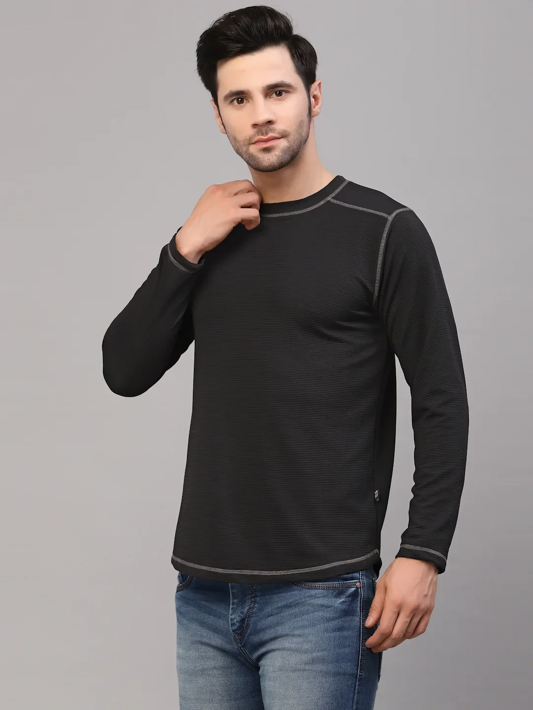 Men Black Poly Corduroy Round Neck TShirt - Image 4
