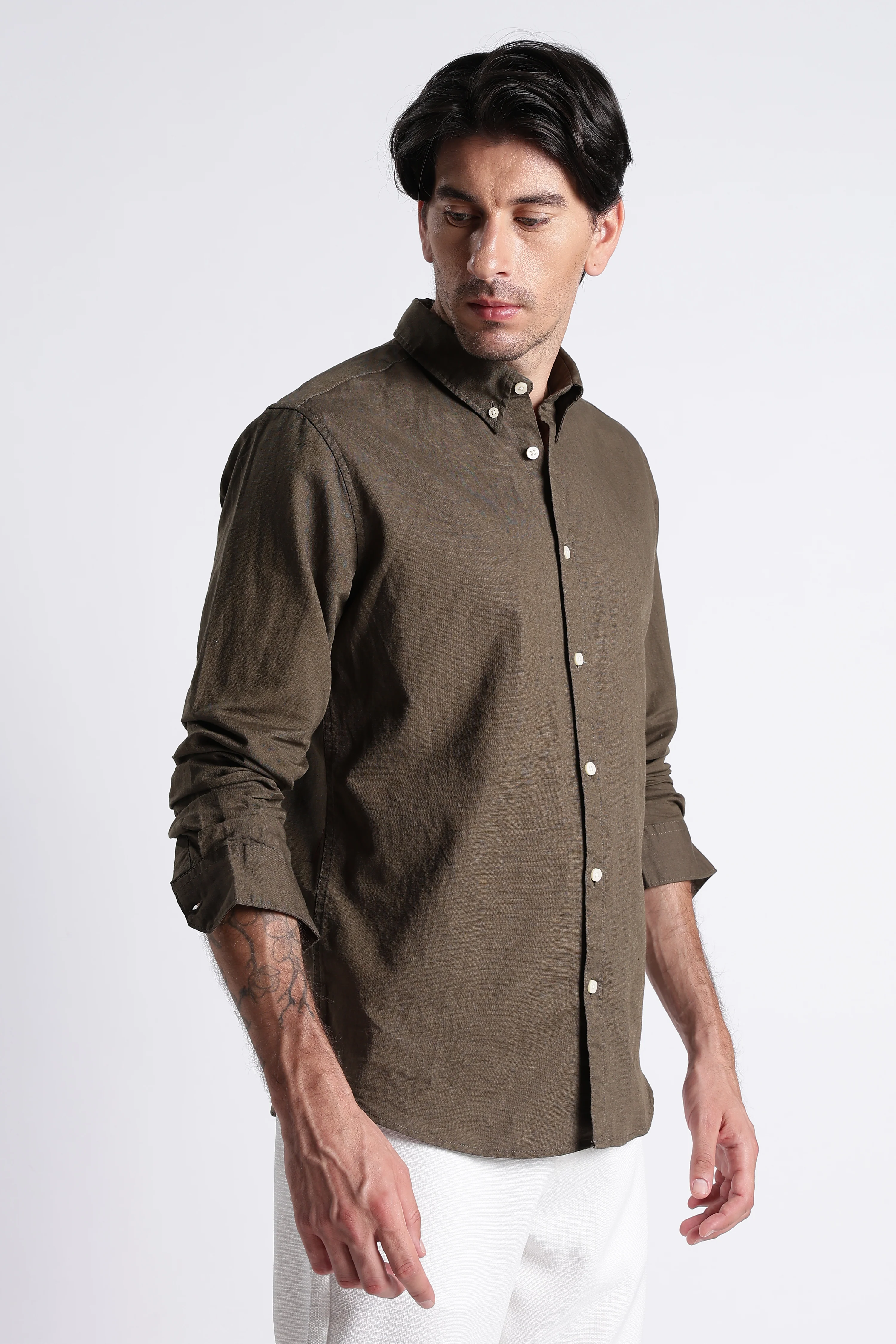 Men Premium Cotton Linen Slim Fit Solid Shirt - Image 3