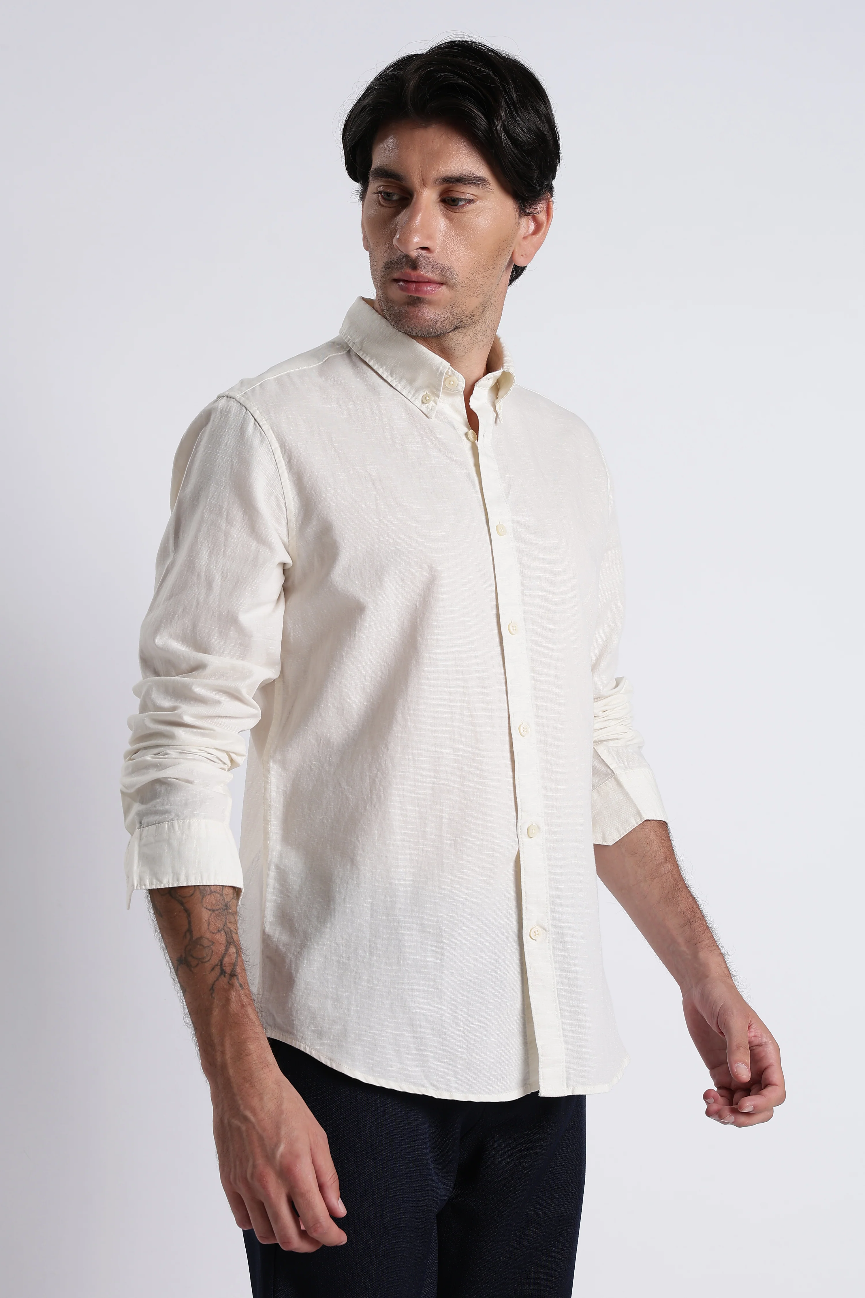 Men Premium Cotton Linen Slim Fit Solid Shirt - Image 2
