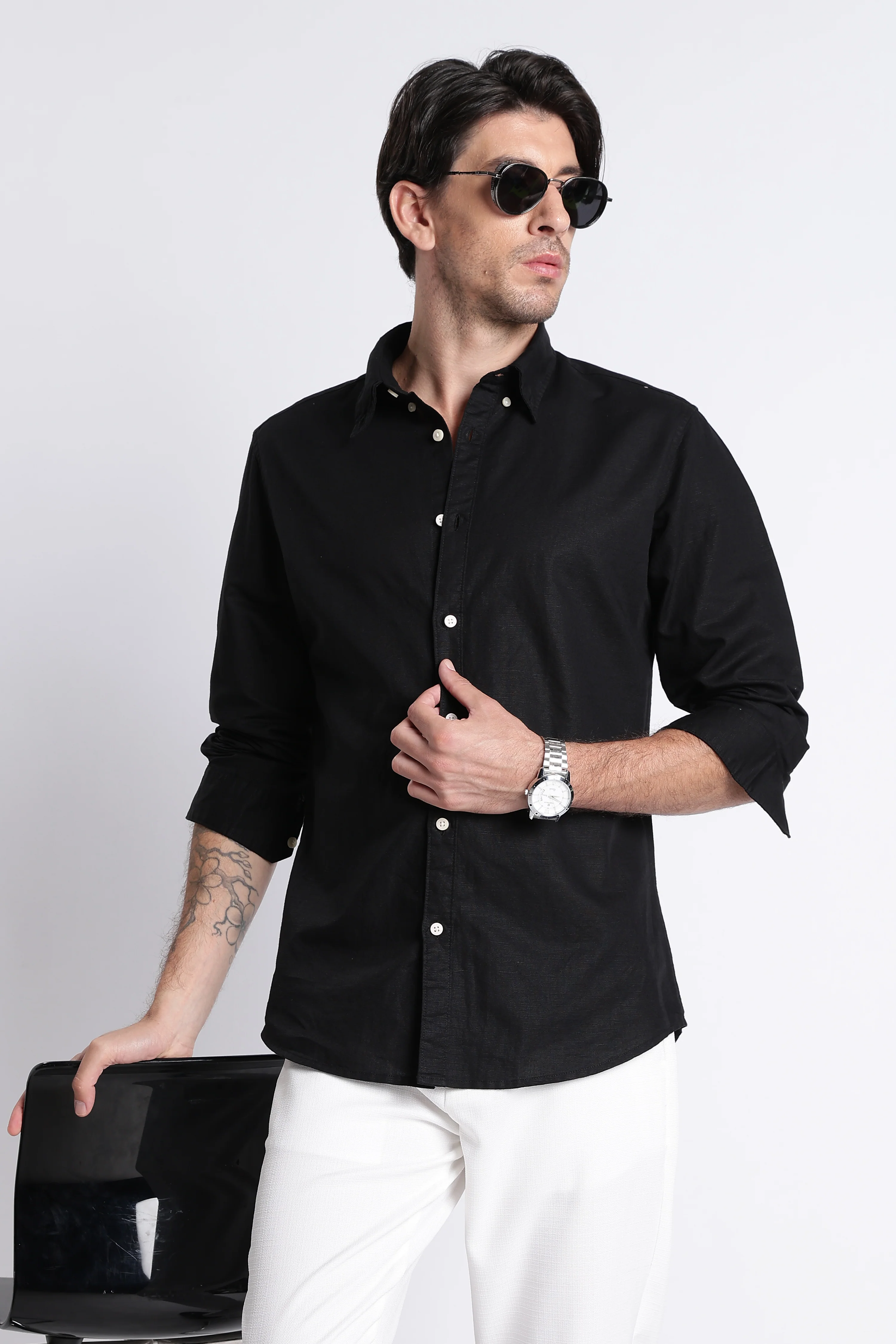 Men Premium Cotton Linen Slim Fit Solid Shirt - Image 4
