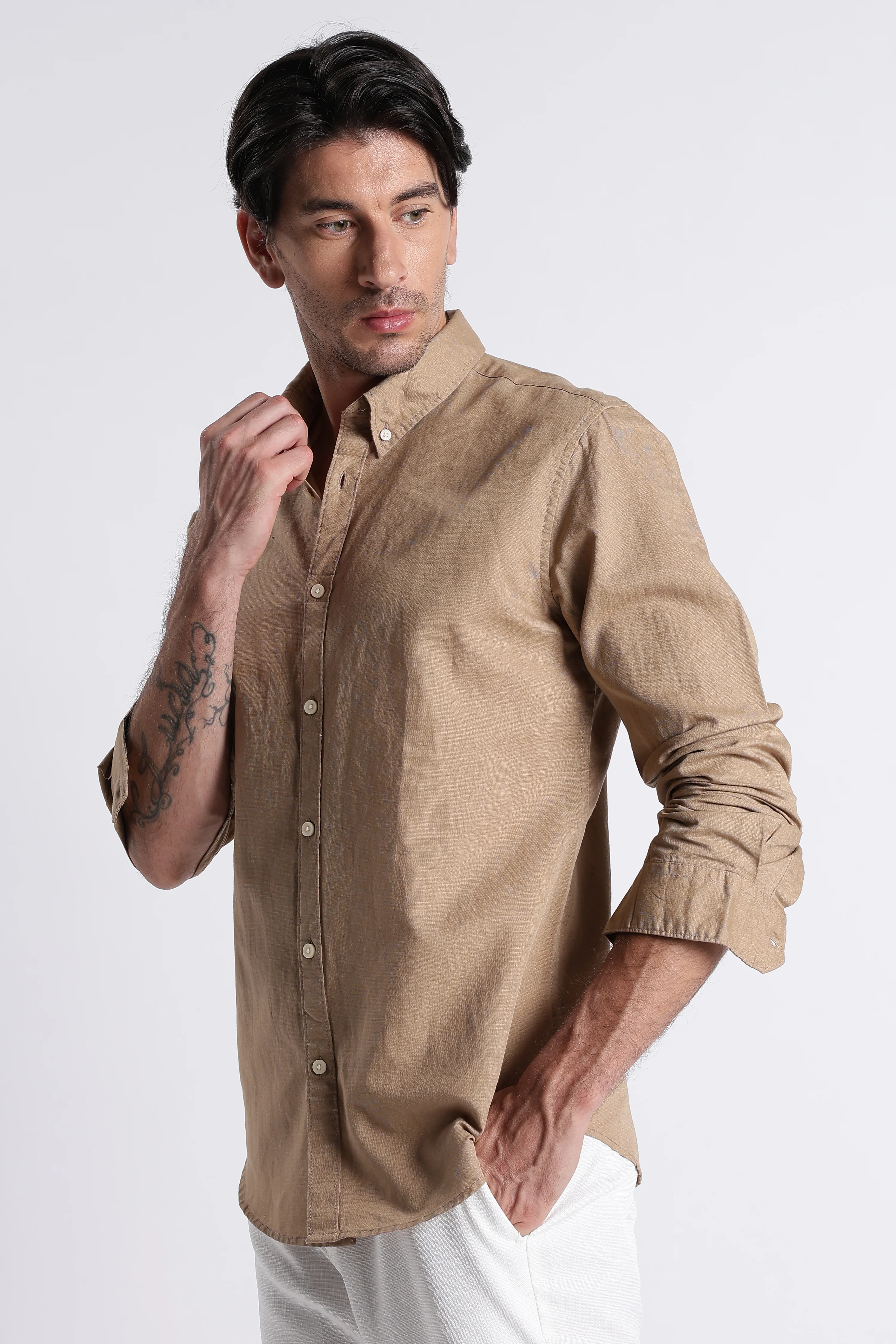 Men Premium Cotton Linen Slim Fit Solid Shirt - Image 2