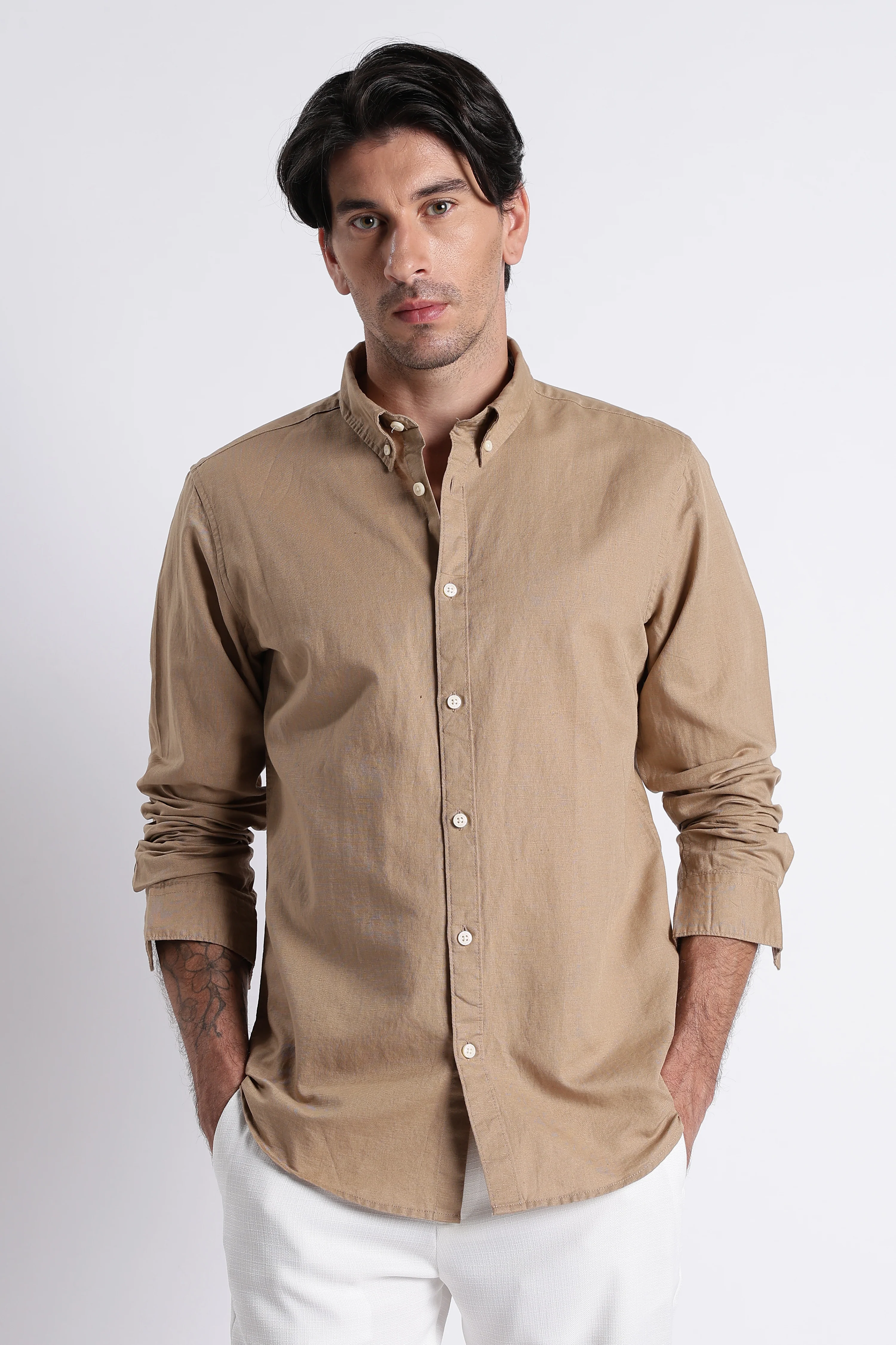 Men Premium Cotton Linen Slim Fit Solid Shirt - Image 6