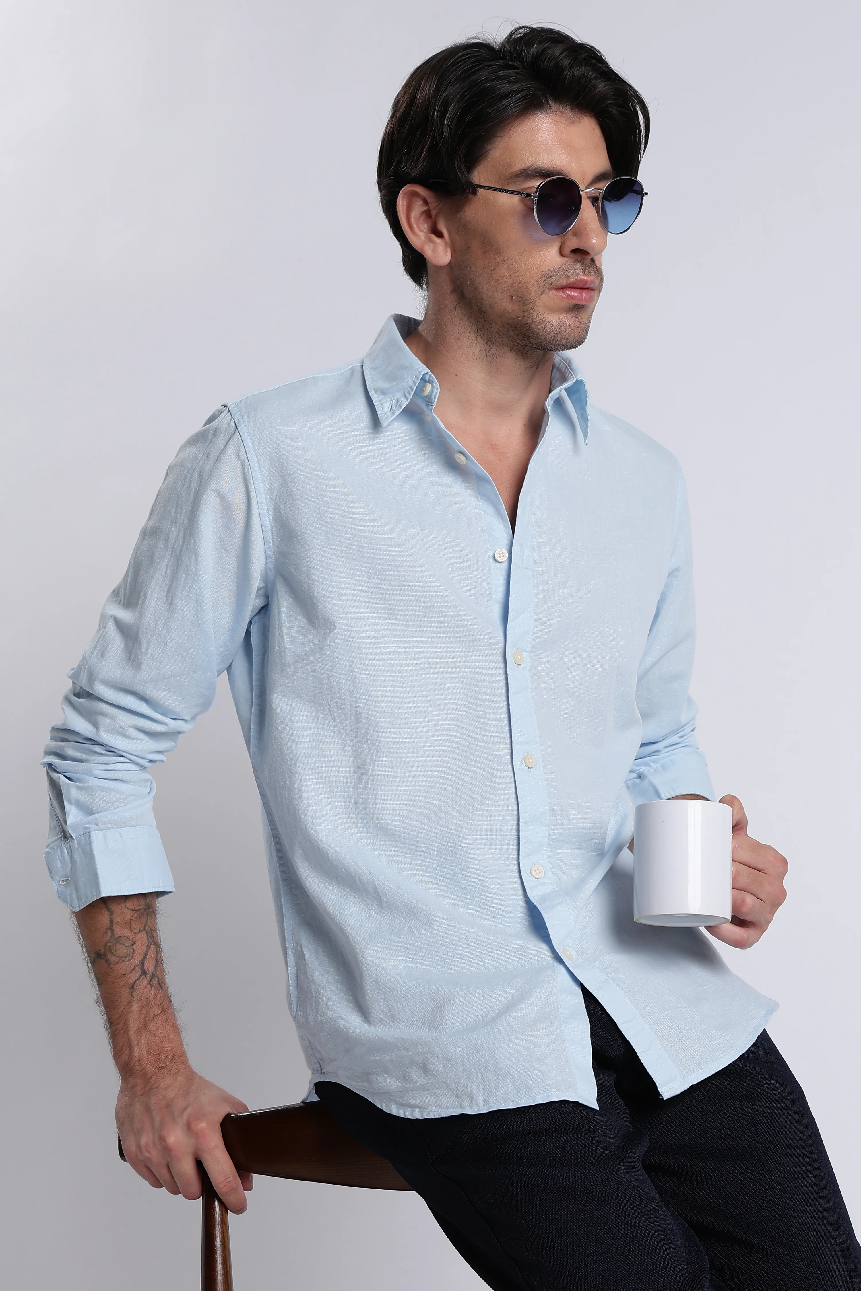 Men Premium Cotton Linen Slim Fit Solid Shirt