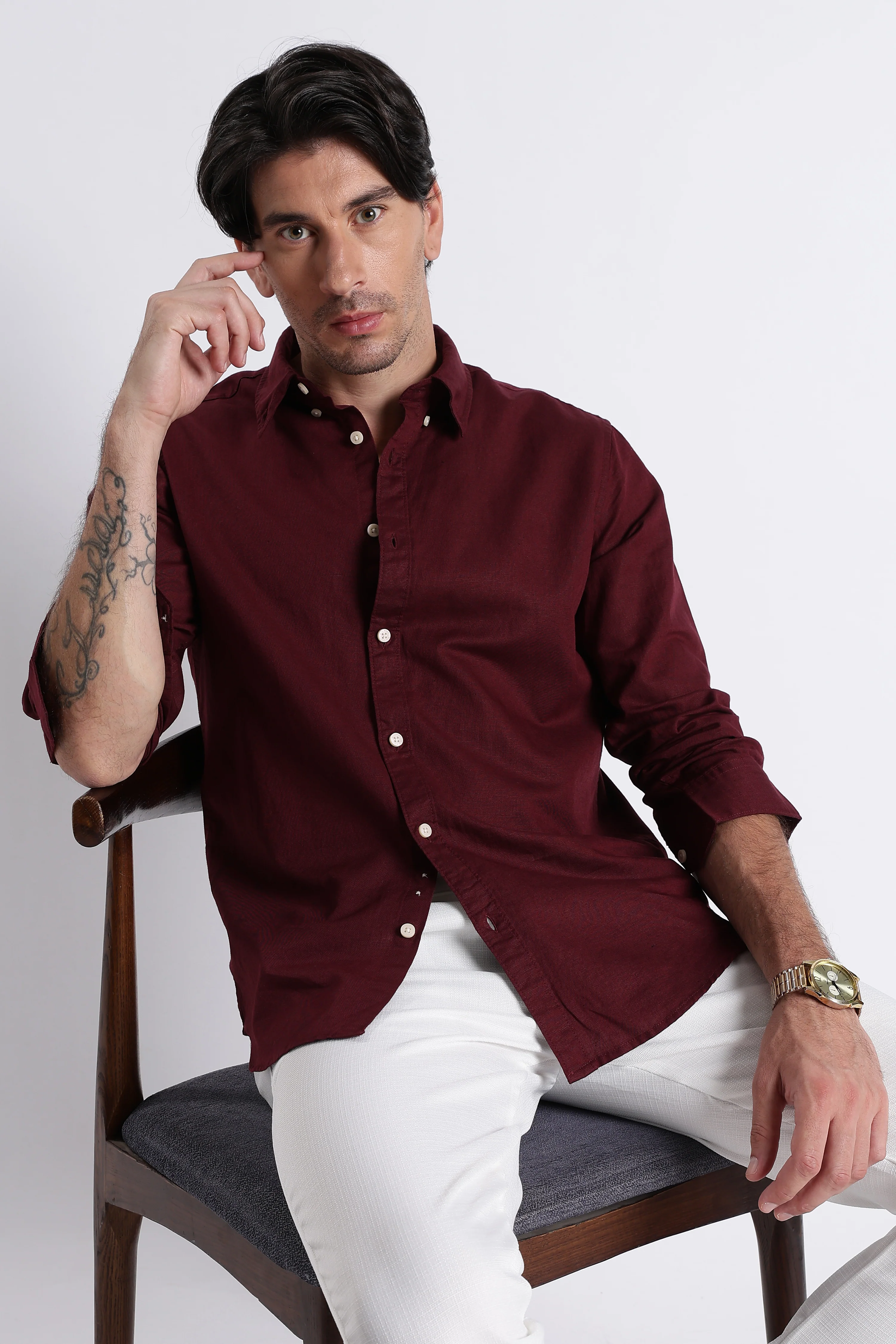 Men Premium Cotton Linen Slim Fit Solid Shirt - Image 3