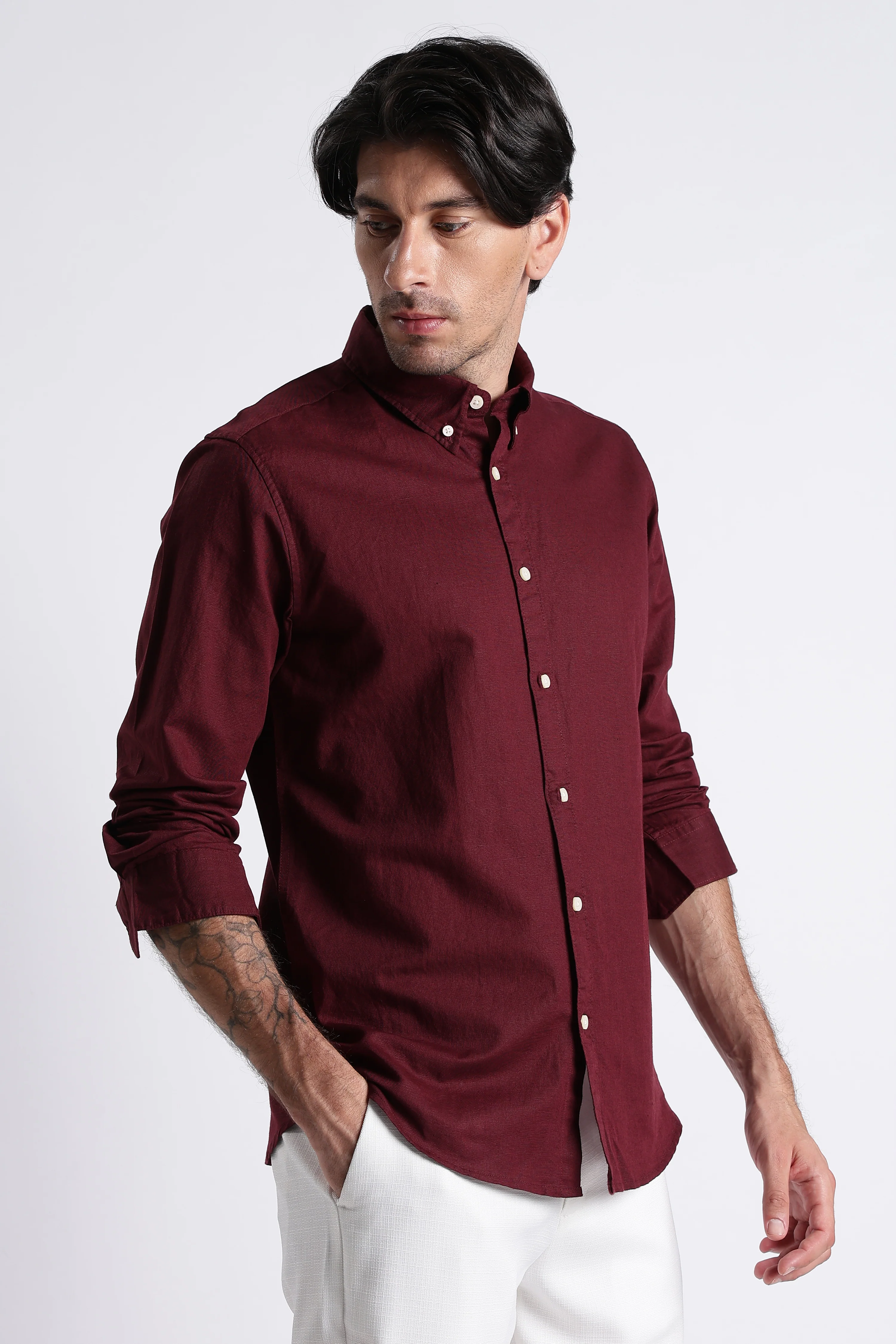 Men Premium Cotton Linen Slim Fit Solid Shirt - Image 4