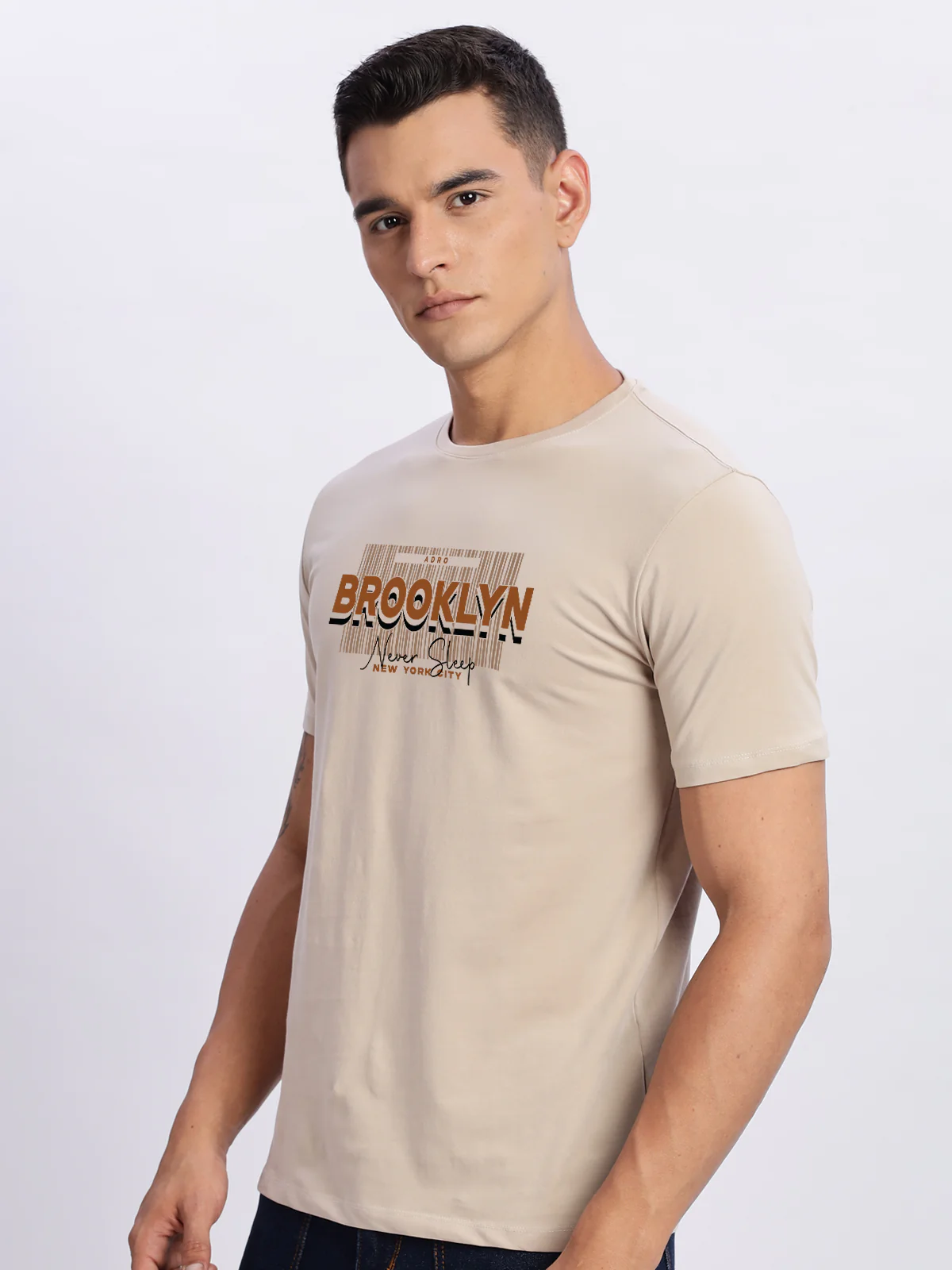 Men Printed Beige T Shirt - Image 4