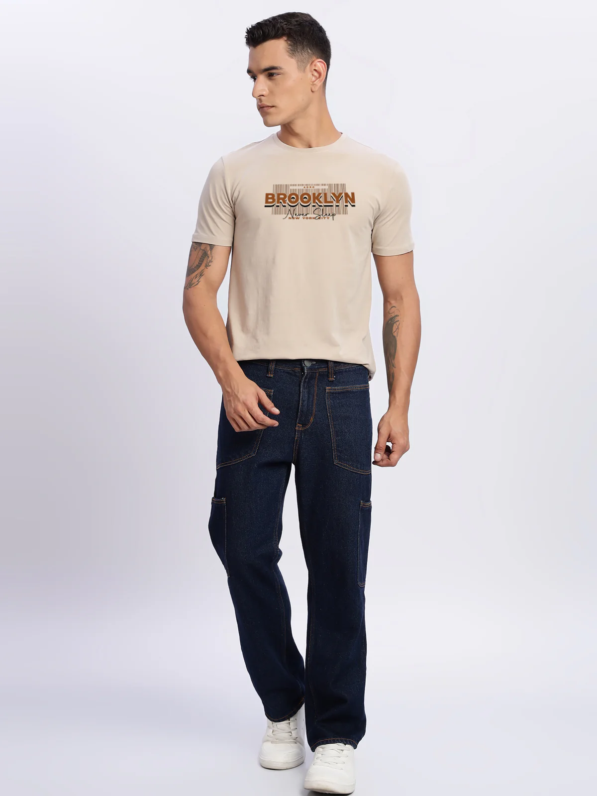Men Printed Beige T Shirt - Image 5