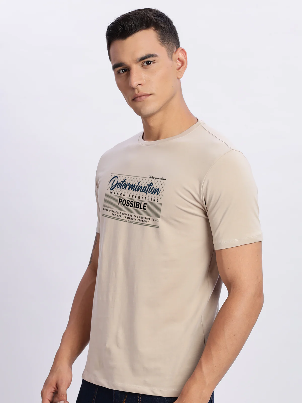 Men Printed Beige T Shirt - Image 4