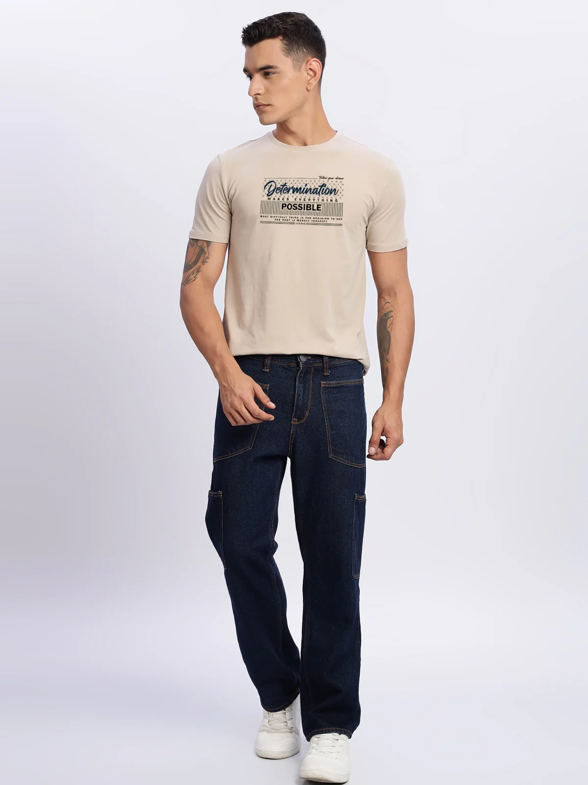 Men Printed Beige T Shirt - Image 5