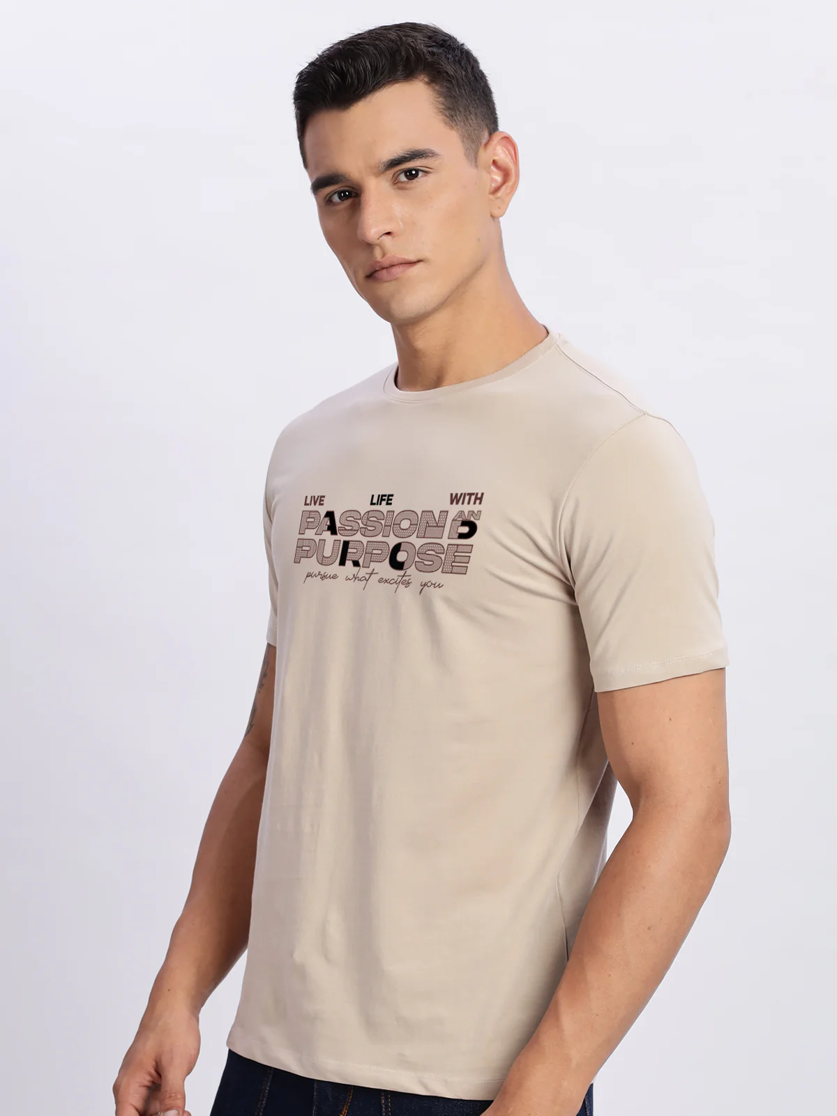 Men Printed Beige T Shirt - Image 4