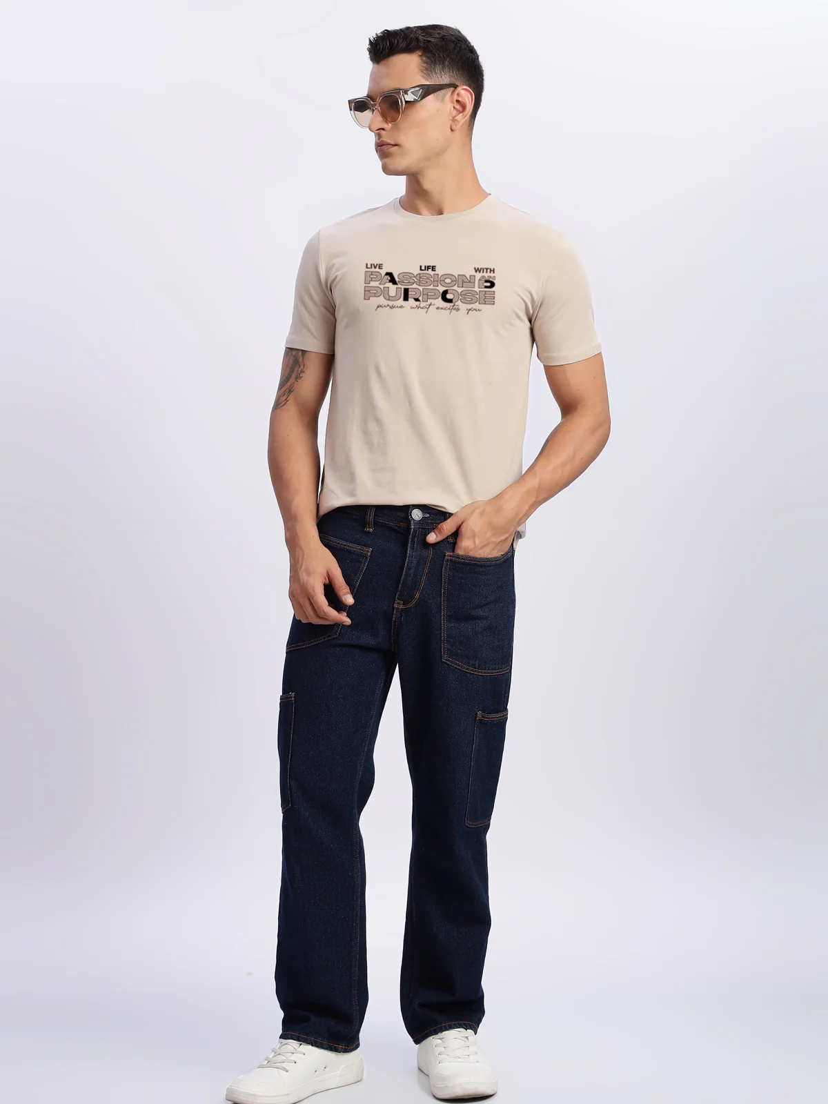 Men Printed Beige T Shirt - Image 5