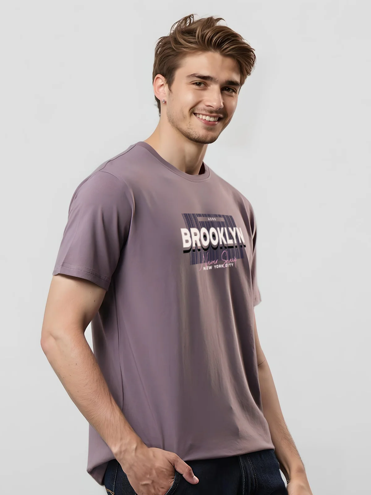 Men Printed Lilac T Shirt - Image 3