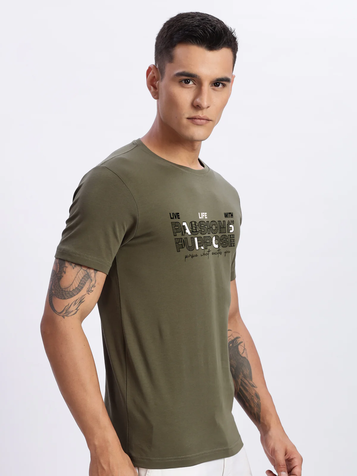 Men Printed Olive T Shirt - Image 3