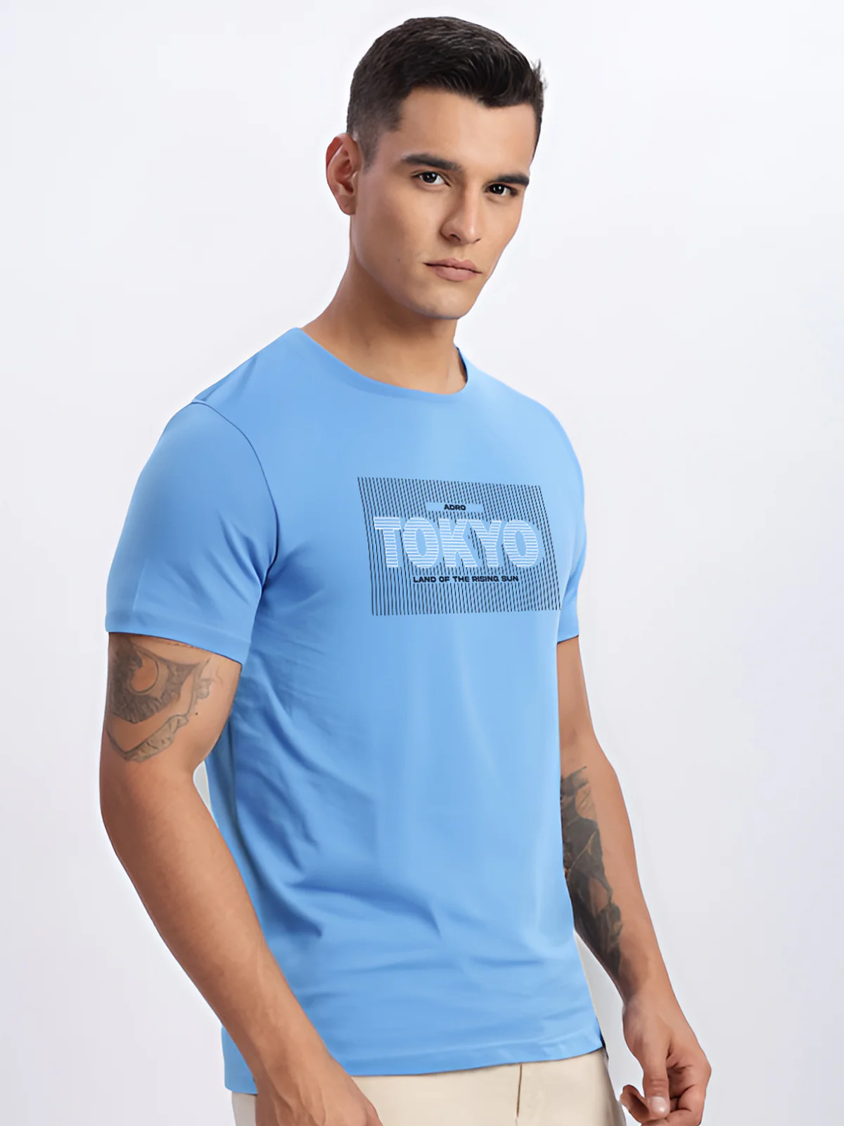 Men Printed Sky Blue T Shirt - Image 3