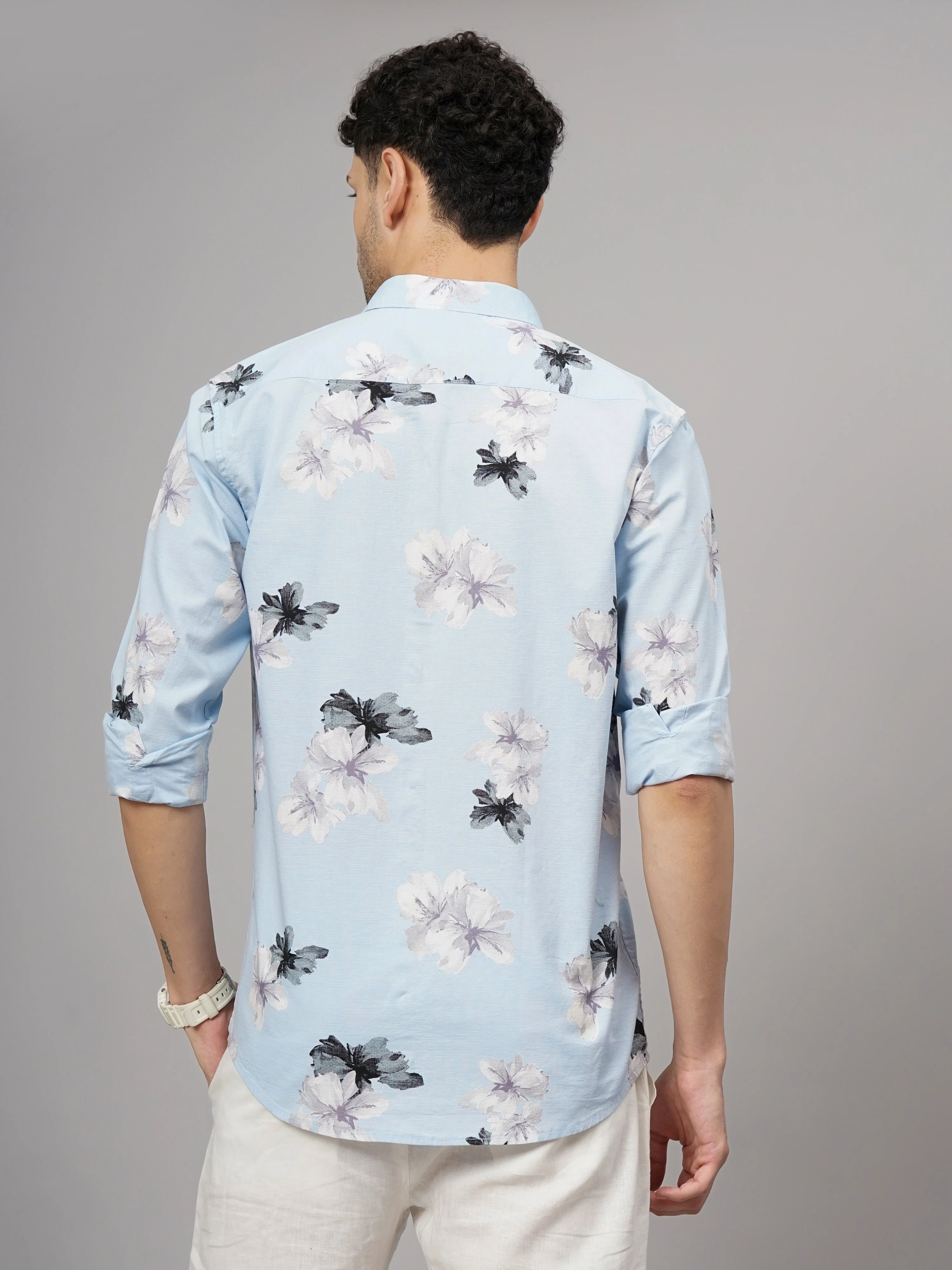 Men Purau Blue Floral Linen Shirt - Image 3