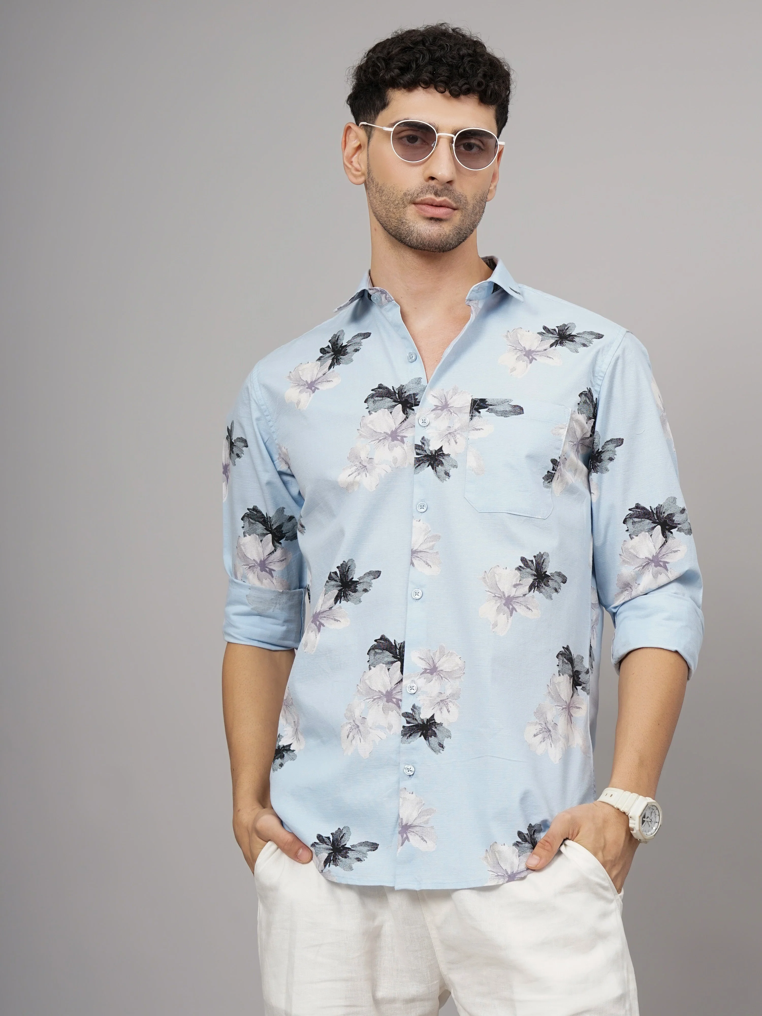 Men Purau Blue Floral Linen Shirt - Image 4